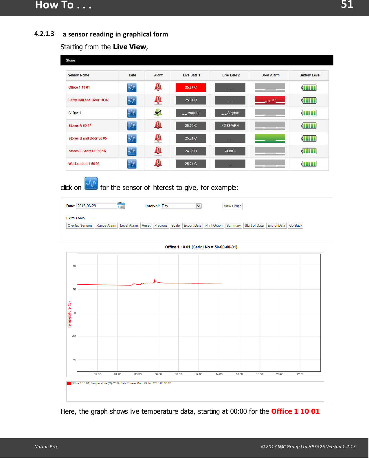 51Notion  Pro                                                                                                                                                                                                                                  &copy; 2017 IMC Group Ltd HP5525 Version 1.2.15How To . . .4.2.1.3 a  sensor  reading in graphical formStarting  from  the Live View,click  on   for the sensor of interest to give, for example:Here, the graph shows live temperature data, starting at 00:00 for the Office 1 10 01