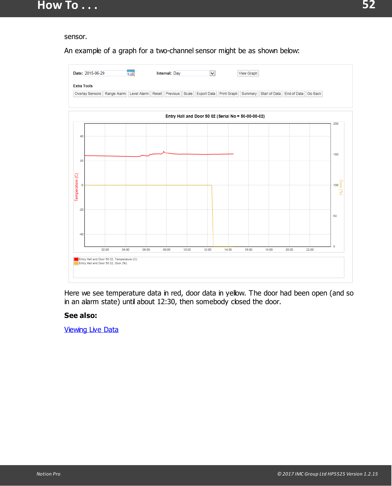 52Notion  Pro                                                                                                                                                                                                                                  &copy; 2017 IMC Group Ltd HP5525 Version 1.2.15How To . . .sensor.An example of a graph for a two-channel sensor might be as shown below:Here we see temperature data in red, door data in yellow. The door had been open (and soin an alarm state) until about 12:30, then somebody closed the door.See also:Viewing Live Data