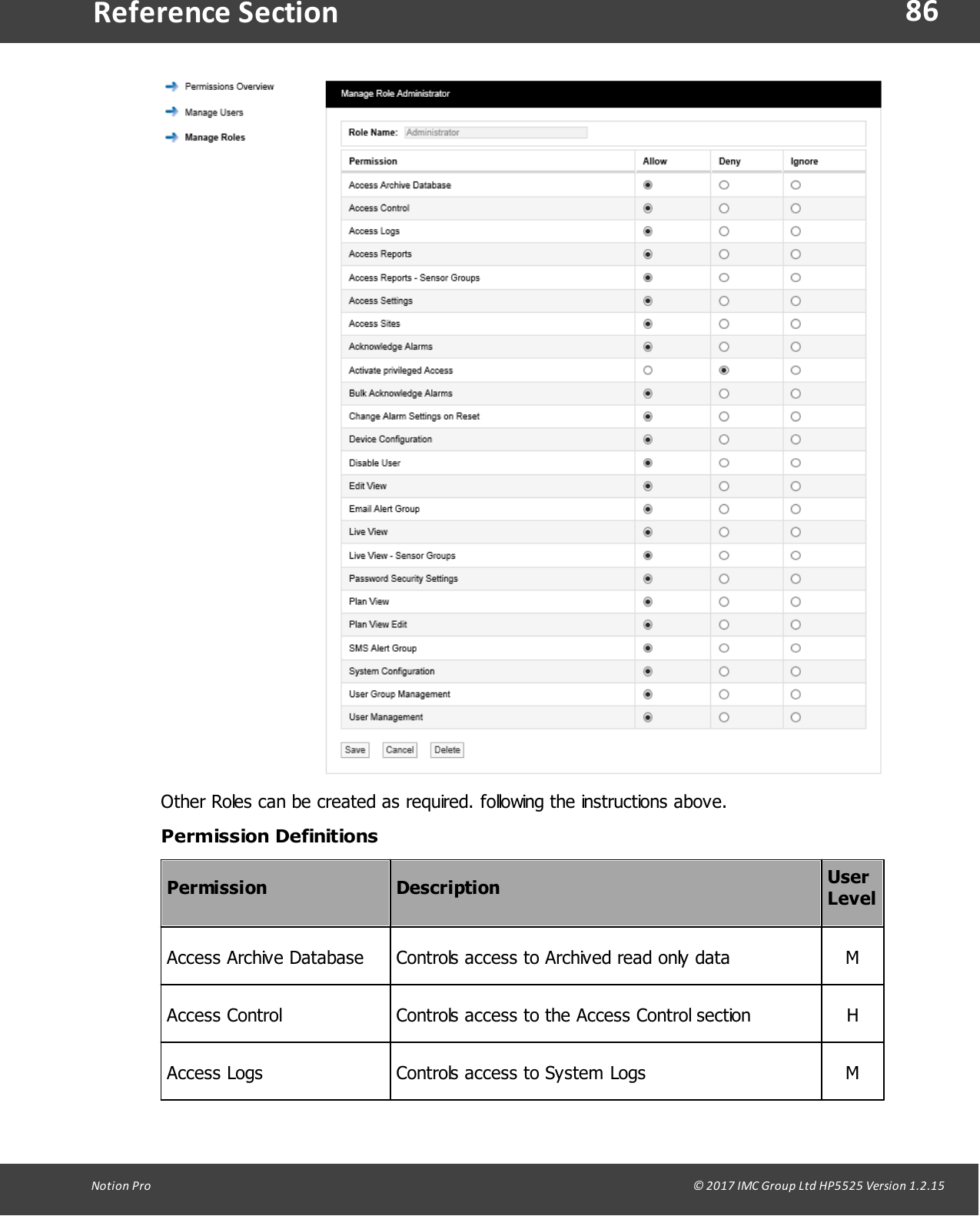 86Notion  Pro                                                                                                                                                                                                                                  &copy; 2017 IMC Group Ltd HP5525 Version 1.2.15Reference SectionOther Roles can be created as required. following the instructions above.Permission DefinitionsPermissionDescriptionUserLevelAccess Archive DatabaseControls access to Archived read only dataMAccess ControlControls access to the Access Control sectionHAccess LogsControls access to System LogsM