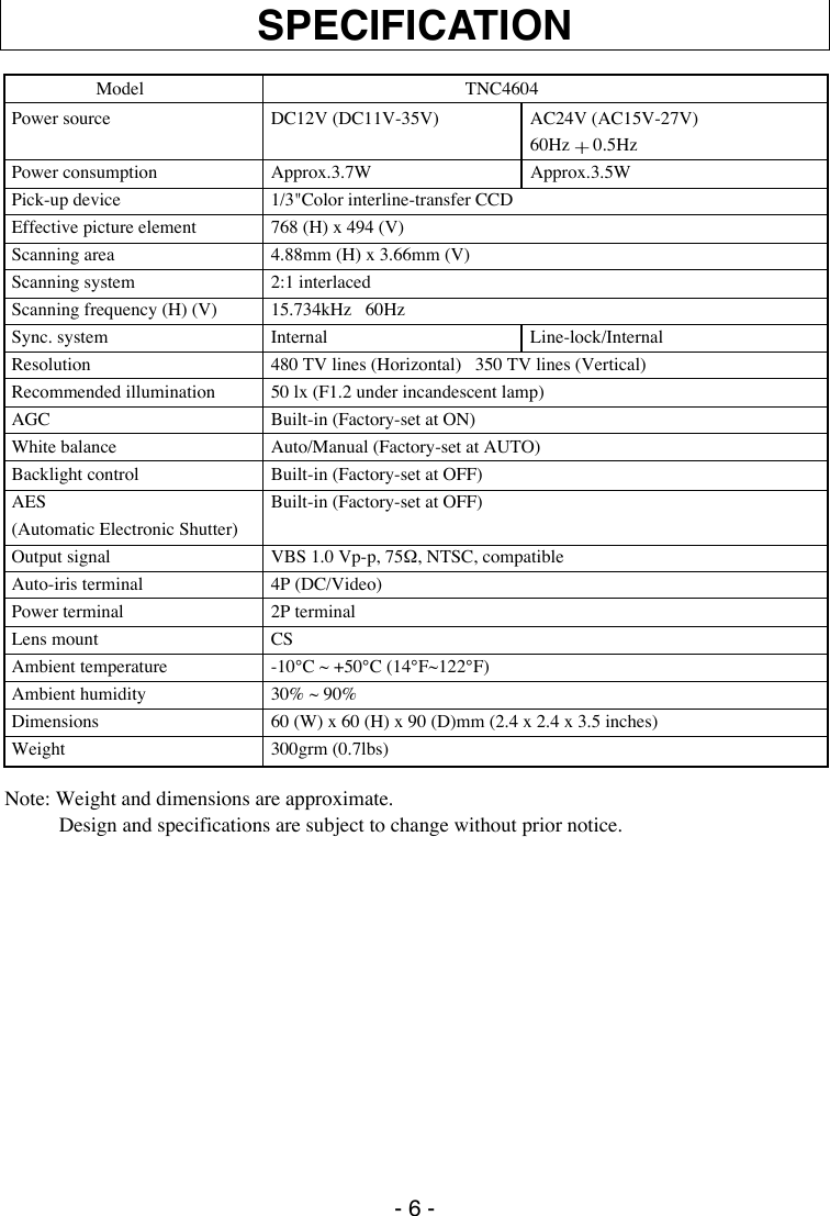 Page 7 of 8 - Elmo Elmo-Ccd-Color-Video-Camera-Tnc4604-Users-Manual-  Elmo-ccd-color-video-camera-tnc4604-users-manual