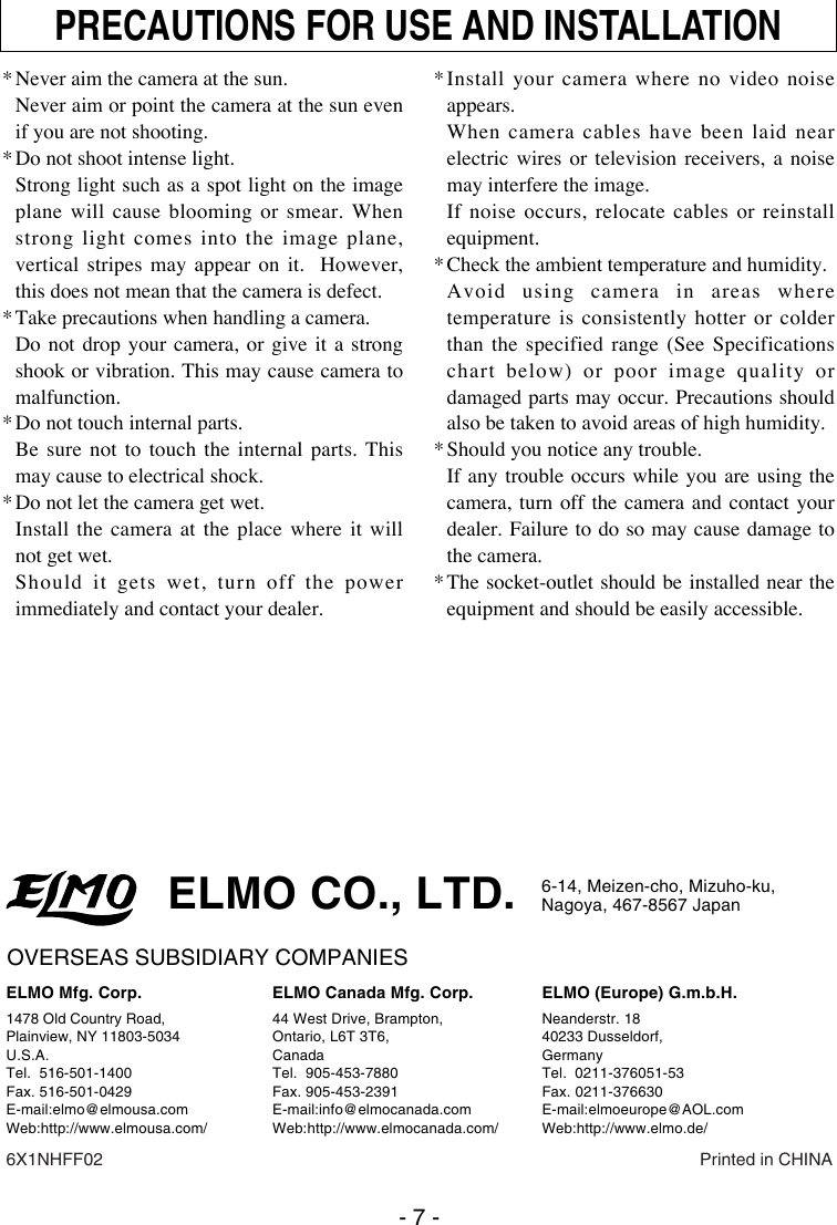 Page 8 of 8 - Elmo Elmo-Ccd-Color-Video-Camera-Tnc4604-Users-Manual-  Elmo-ccd-color-video-camera-tnc4604-users-manual