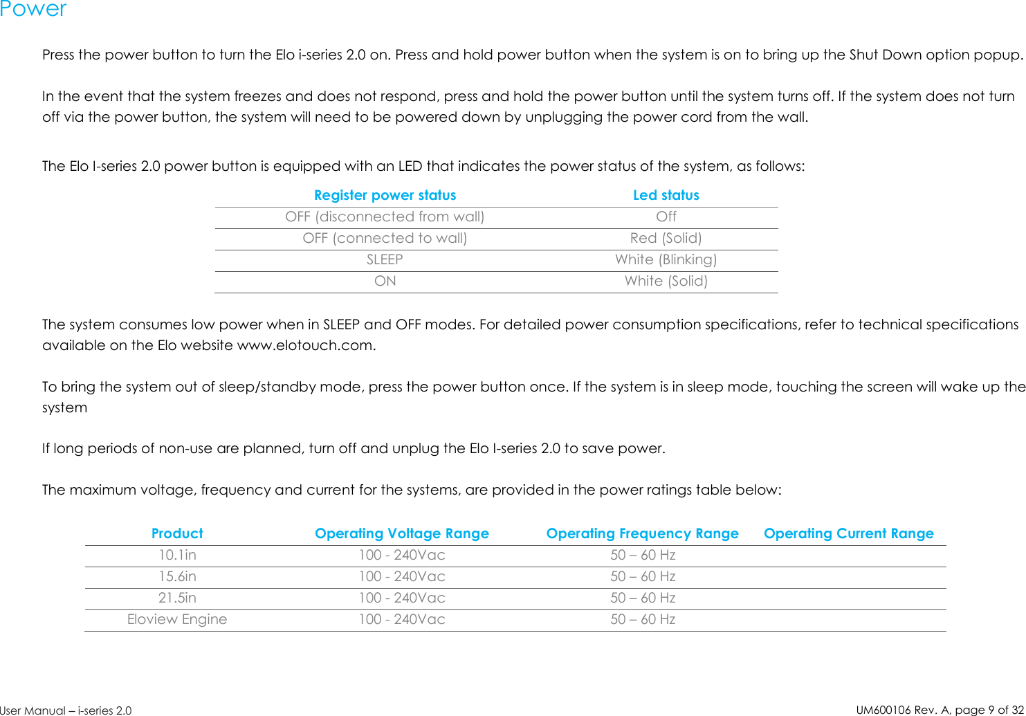 UM600106Rev. A, page9of32User Manual –i-series 2.0PowerPress the power button to turn the Elo i-series 2.0 on. Press and hold power button when the system is on to bring up the Shut Down option popup.In the event that the system freezes and does not respond, press and hold the power button until the system turns off. If the system does not turnoff via the power button, the system will need to be powered down by unplugging the power cord from the wall.The Elo I-series 2.0 power button is equipped with an LED that indicates the power status of the system, as follows:Register power status Led statusOFF (disconnected from wall) OffOFF (connected to wall) Red (Solid)SLEEP White (Blinking)ON White (Solid)The system consumes low power when in SLEEP and OFF modes. For detailed power consumption specifications, refer to technical specificationsavailable on the Elo website www.elotouch.com.To bring the system out of sleep/standby mode, press the power button once. If the system is in sleep mode, touching the screen will wake up thesystemIf long periods of non-use are planned, turn off and unplug the Elo I-series 2.0 to save power.The maximum voltage, frequency and current for the systems, are provided in the power ratings table below:Product Operating Voltage Range Operating Frequency Range Operating Current Range10.1in 100 - 240Vac 50 – 60 Hz15.6in 100 - 240Vac 50 – 60 Hz21.5in 100 - 240Vac 50 – 60 HzEloview Engine 100 - 240Vac 50 – 60 Hz