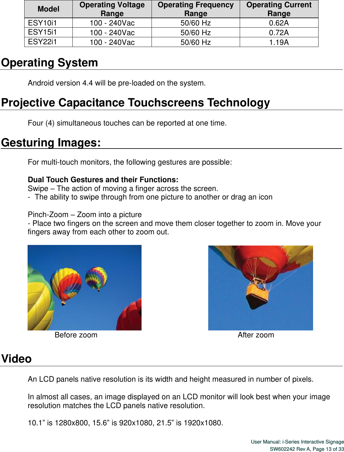  User Manual: i-Series Interactive Signage SW602242 Rev A, Page 13 of 33   Model Operating Voltage Range Operating Frequency Range Operating Current Range ESY10i1 100 - 240Vac 50/60 Hz 0.62A ESY15i1 100 - 240Vac 50/60 Hz 0.72A ESY22i1 100 - 240Vac 50/60 Hz 1.19A  Operating System  Android version 4.4 will be pre-loaded on the system.    Projective Capacitance Touchscreens Technology  Four (4) simultaneous touches can be reported at one time.  Gesturing Images:  For multi-touch monitors, the following gestures are possible:  Dual Touch Gestures and their Functions: Swipe – The action of moving a finger across the screen.  -   The ability to swipe through from one picture to another or drag an icon  Pinch-Zoom – Zoom into a picture   - Place two fingers on the screen and move them closer together to zoom in. Move your fingers away from each other to zoom out.                                                     Before zoom                                                                                         After zoom  Video  An LCD panels native resolution is its width and height measured in number of pixels.  In almost all cases, an image displayed on an LCD monitor will look best when your image resolution matches the LCD panels native resolution.    10.1” is 1280x800, 15.6” is 920x1080, 21.5” is 1920x1080.  