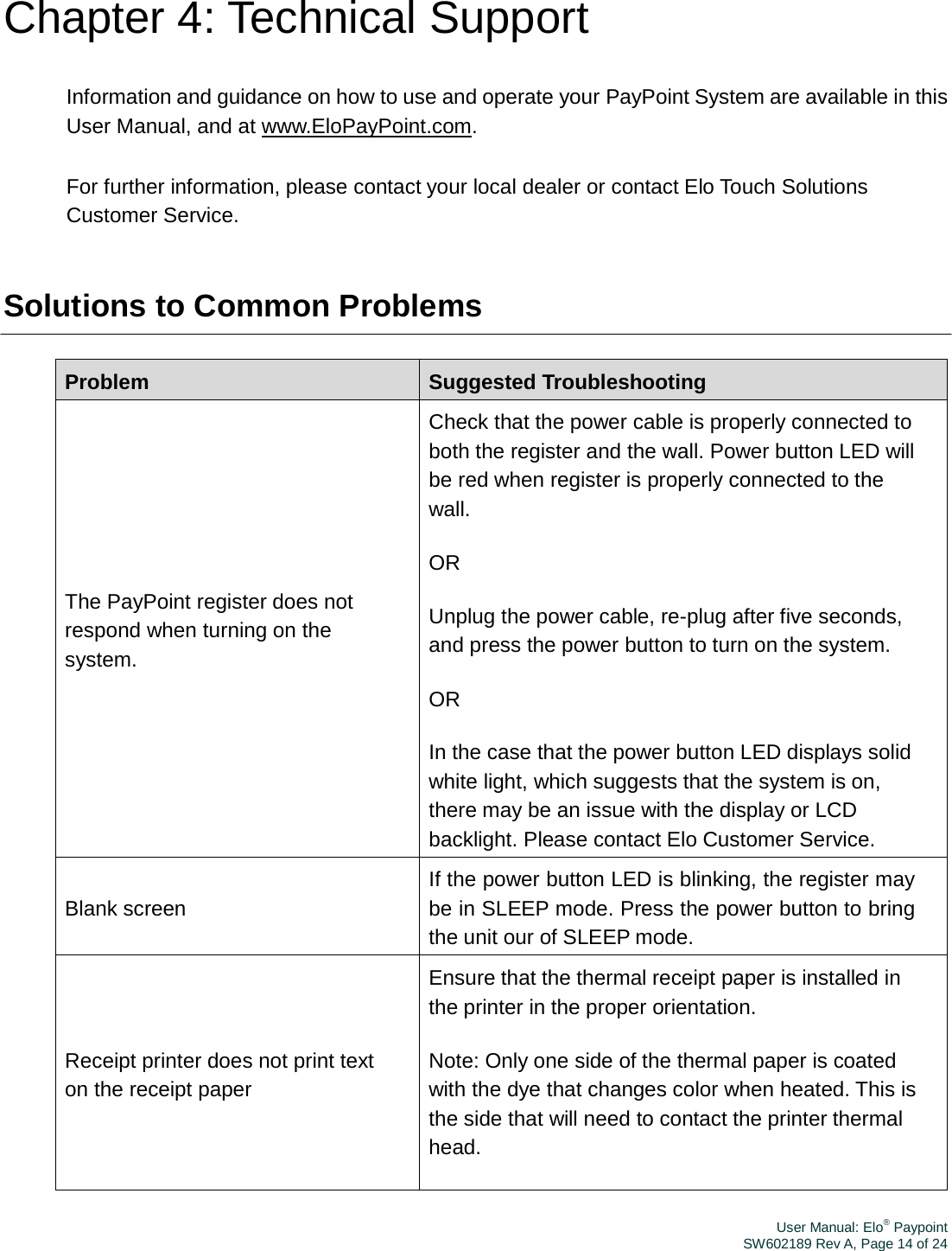 User Manual: Elo® PaypointSW602189 Rev A, Page 14 of 24Chapter 4: Technical Support Information and guidance on how to use and operate your PayPoint System are available in this User Manual, and at www.EloPayPoint.com. For further information, please contact your local dealer or contact Elo Touch Solutions Customer Service. Solutions to Common Problems Problem Suggested Troubleshooting The PayPoint register does not respond when turning on the system. Check that the power cable is properly connected to both the register and the wall. Power button LED will be red when register is properly connected to the wall. OR Unplug the power cable, re-plug after five seconds, and press the power button to turn on the system. OR In the case that the power button LED displays solid white light, which suggests that the system is on, there may be an issue with the display or LCD backlight. Please contact Elo Customer Service. Blank screen If the power button LED is blinking, the register may be in SLEEP mode. Press the power button to bring the unit our of SLEEP mode. Receipt printer does not print text on the receipt paper Ensure that the thermal receipt paper is installed in the printer in the proper orientation. Note: Only one side of the thermal paper is coated with the dye that changes color when heated. This is the side that will need to contact the printer thermal head. 