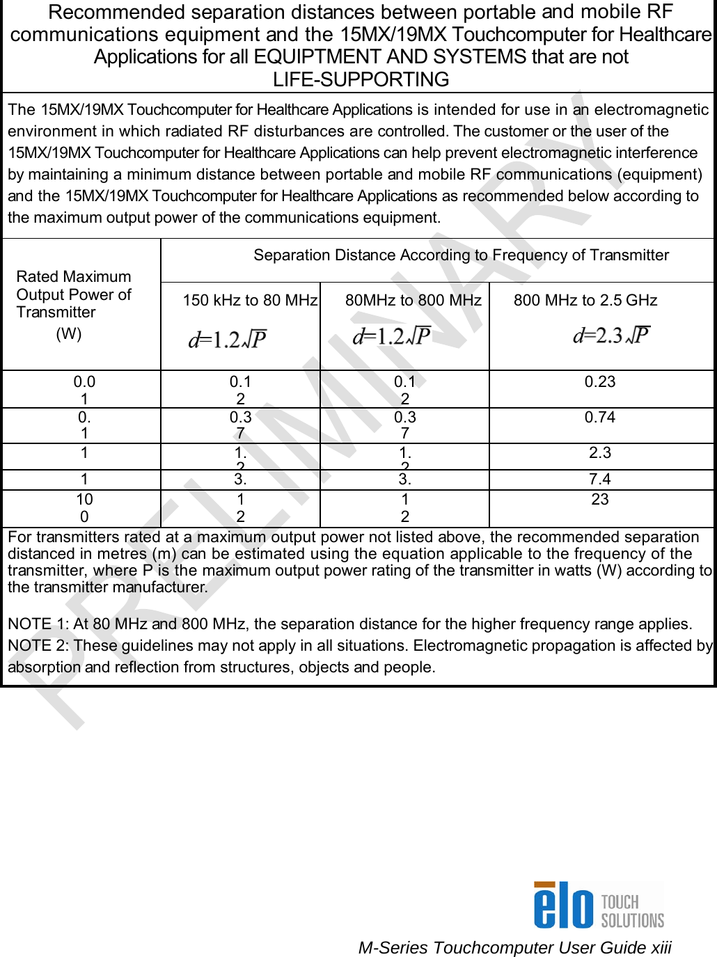     M-Series Touchcomputer User Guide xiii   Recommended separation distances between portable and mobile RF communications equipment and the 15MX/19MX Touchcomputer for Healthcare Applications for all EQUIPTMENT AND SYSTEMS that are not LIFE-SUPPORTING  The 15MX/19MX Touchcomputer for Healthcare Applications is intended for use in an electromagneticenvironment in which radiated RF disturbances are controlled. The customer or the user of the 15MX/19MX Touchcomputer for Healthcare Applications can help prevent electromagnetic interference by maintaining a minimum distance between portable and mobile RF communications (equipment) and the 15MX/19MX Touchcomputer for Healthcare Applications as recommended below according to the maximum output power of the communications equipment.  Separation Distance According to Frequency of Transmitter   Rated Maximum Output Power of Transmitter             (W)  150 kHz to 80 MHz   80MHz to 800 MHz    800 MHz to 2.5 GHz       0.01 0.120.120.23 0.1  0.37  0.37  0.74 1 1.21.22.3 13. 3. 7.4 100 12 12 23 For transmitters rated at a maximum output power not listed above, the recommended separation distanced in metres (m) can be estimated using the equation applicable to the frequency of the transmitter, where P is the maximum output power rating of the transmitter in watts (W) according tothe transmitter manufacturer.  NOTE 1: At 80 MHz and 800 MHz, the separation distance for the higher frequency range applies. NOTE 2: These guidelines may not apply in all situations. Electromagnetic propagation is affected byabsorption and reflection from structures, objects and people.          