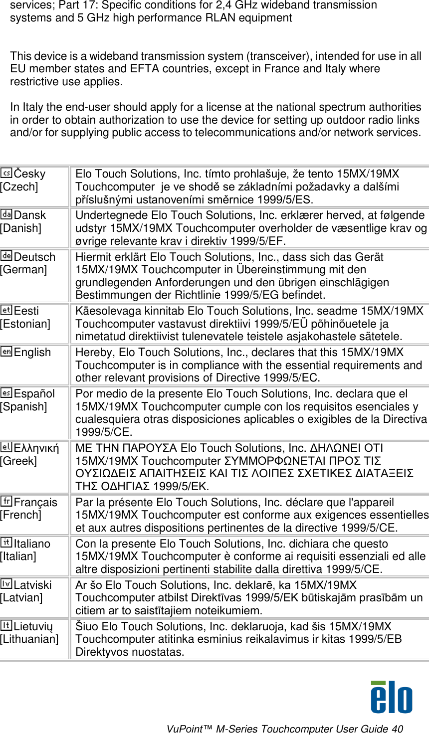      VuPoint™ M-Series Touchcomputer User Guide 40 services; Part 17: Specific conditions for 2,4 GHz wideband transmission systems and 5 GHz high performance RLAN equipment   This device is a wideband transmission system (transceiver), intended for use in all EU member states and EFTA countries, except in France and Italy where restrictive use applies.  In Italy the end-user should apply for a license at the national spectrum authorities in order to obtain authorization to use the device for setting up outdoor radio links and/or for supplying public access to telecommunications and/or network services.   Česky [Czech] Elo Touch Solutions, Inc. tímto prohlašuje, že tento 15MX/19MX Touchcomputer  je ve shodě se základními požadavky a dalšími příslušnými ustanoveními směrnice 1999/5/ES. Dansk [Danish] Undertegnede Elo Touch Solutions, Inc. erklærer herved, at følgende udstyr 15MX/19MX Touchcomputer overholder de væsentlige krav og øvrige relevante krav i direktiv 1999/5/EF. Deutsch [German] Hiermit erklärt Elo Touch Solutions, Inc., dass sich das Gerät 15MX/19MX Touchcomputer in Übereinstimmung mit den grundlegenden Anforderungen und den übrigen einschlägigen Bestimmungen der Richtlinie 1999/5/EG befindet. Eesti [Estonian] Käesolevaga kinnitab Elo Touch Solutions, Inc. seadme 15MX/19MX Touchcomputer vastavust direktiivi 1999/5/EÜ põhinõuetele ja nimetatud direktiivist tulenevatele teistele asjakohastele sätetele. English Hereby, Elo Touch Solutions, Inc., declares that this 15MX/19MX Touchcomputer is in compliance with the essential requirements and other relevant provisions of Directive 1999/5/EC. Español [Spanish] Por medio de la presente Elo Touch Solutions, Inc. declara que el 15MX/19MX Touchcomputer cumple con los requisitos esenciales y cualesquiera otras disposiciones aplicables o exigibles de la Directiva 1999/5/CE. Ελληνική [Greek] ΜΕ ΤΗΝ ΠΑΡΟΥΣΑ Elo Touch Solutions, Inc. ΔΗΛΩΝΕΙ ΟΤΙ 15MX/19MX Touchcomputer ΣΥΜΜΟΡΦΩΝΕΤΑΙ ΠΡΟΣ ΤΙΣ ΟΥΣΙΩΔΕΙΣ ΑΠΑΙΤΗΣΕΙΣ ΚΑΙ ΤΙΣ ΛΟΙΠΕΣ ΣΧΕΤΙΚΕΣ ΔΙΑΤΑΞΕΙΣ ΤΗΣ ΟΔΗΓΙΑΣ 1999/5/ΕΚ. Français [French] Par la présente Elo Touch Solutions, Inc. déclare que l&apos;appareil 15MX/19MX Touchcomputer est conforme aux exigences essentielles et aux autres dispositions pertinentes de la directive 1999/5/CE. Italiano [Italian] Con la presente Elo Touch Solutions, Inc. dichiara che questo 15MX/19MX Touchcomputer è conforme ai requisiti essenziali ed alle altre disposizioni pertinenti stabilite dalla direttiva 1999/5/CE. Latviski [Latvian] Ar šo Elo Touch Solutions, Inc. deklarē, ka 15MX/19MX Touchcomputer atbilst Direktīvas 1999/5/EK būtiskajām prasībām un citiem ar to saistītajiem noteikumiem. Lietuvių [Lithuanian]  Šiuo Elo Touch Solutions, Inc. deklaruoja, kad šis 15MX/19MX Touchcomputer atitinka esminius reikalavimus ir kitas 1999/5/EB Direktyvos nuostatas. 