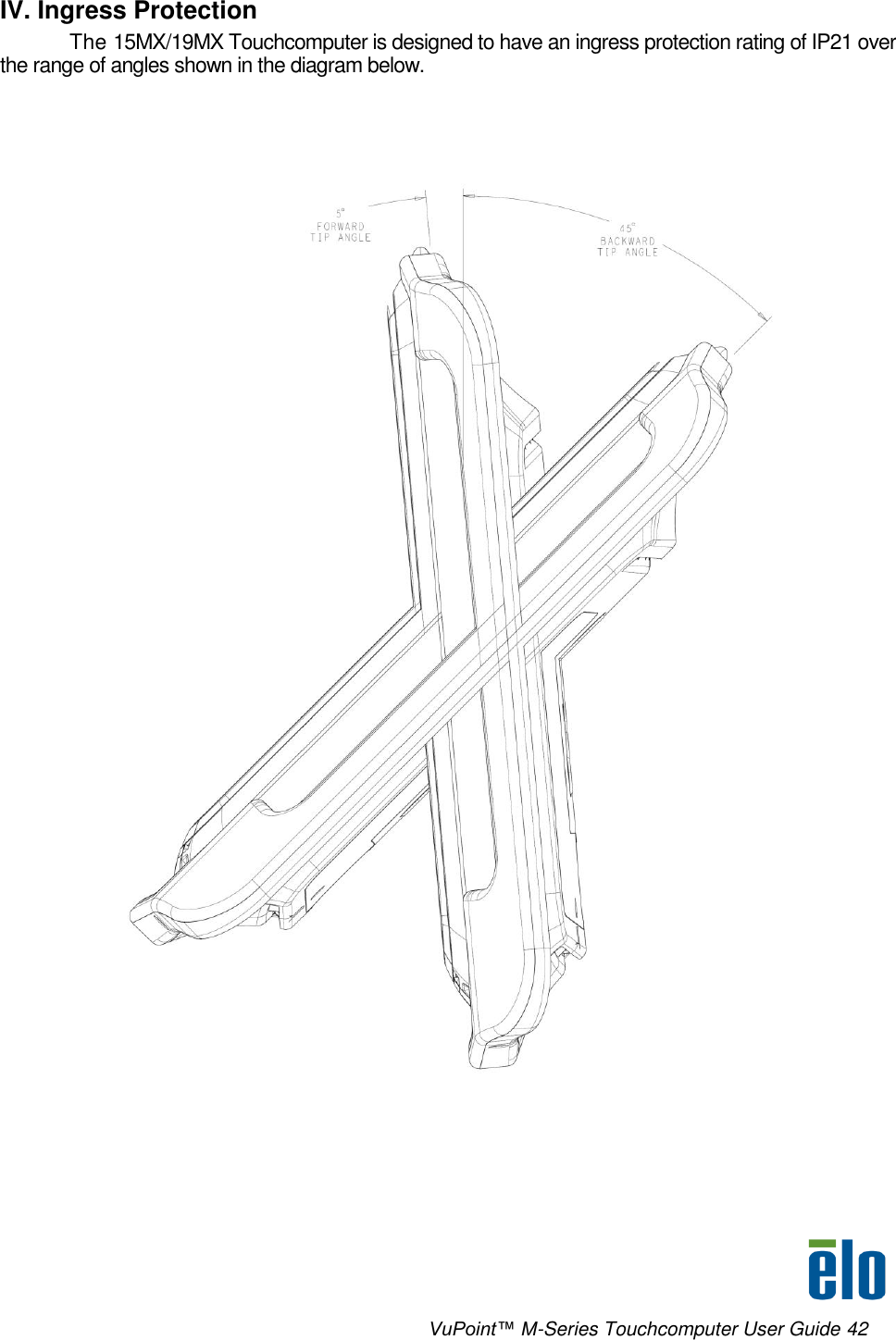      VuPoint™ M-Series Touchcomputer User Guide 42 IV. Ingress Protection  The 15MX/19MX Touchcomputer is designed to have an ingress protection rating of IP21 over the range of angles shown in the diagram below.      