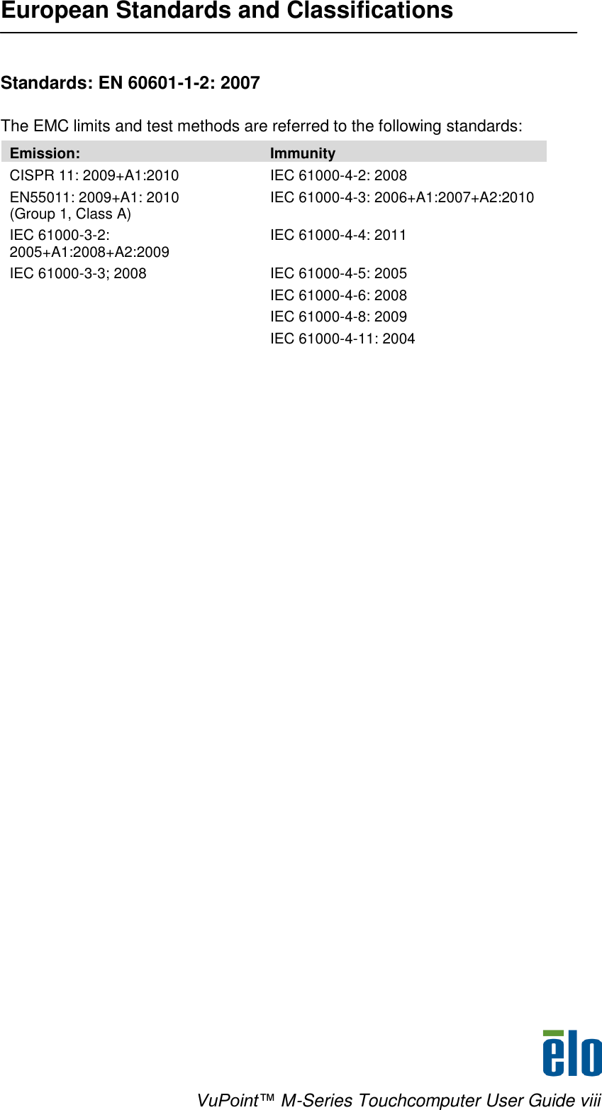    VuPoint™ M-Series Touchcomputer User Guide viii European Standards and Classifications    Standards: EN 60601-1-2: 2007  The EMC limits and test methods are referred to the following standards:  Emission: Immunity CISPR 11: 2009+A1:2010 IEC 61000-4-2: 2008 EN55011: 2009+A1: 2010           (Group 1, Class A)  IEC 61000-4-3: 2006+A1:2007+A2:2010  IEC 61000-3-2: 2005+A1:2008+A2:2009 IEC 61000-4-4: 2011 IEC 61000-3-3; 2008 IEC 61000-4-5: 2005  IEC 61000-4-6: 2008  IEC 61000-4-8: 2009  IEC 61000-4-11: 2004    