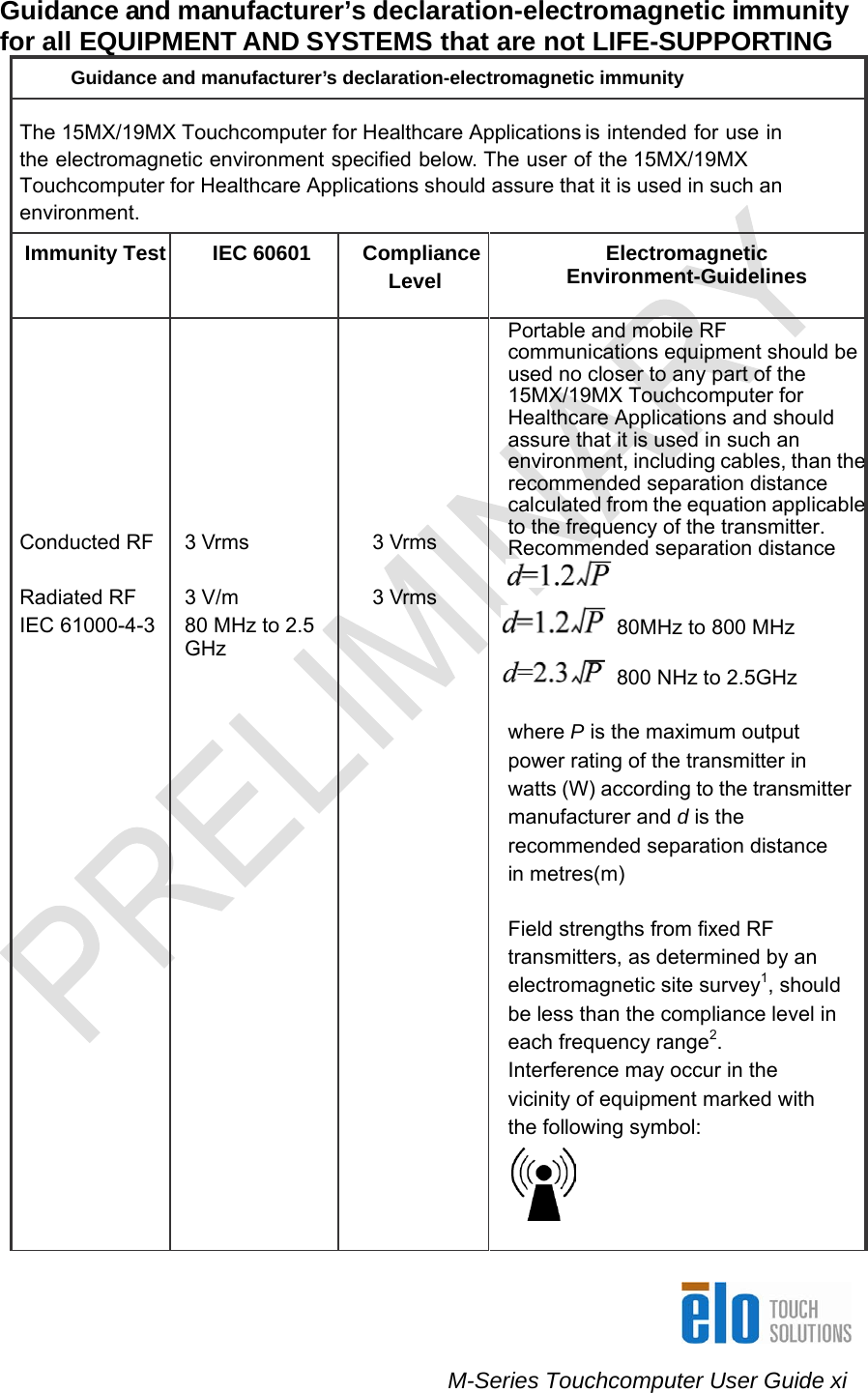    M-Series Touchcomputer User Guide xi Guidance and manufacturer’s declaration-electromagnetic immunity for all EQUIPMENT AND SYSTEMS that are not LIFE-SUPPORTING Guidance and manufacturer’s declaration-electromagnetic immunity  The 15MX/19MX Touchcomputer for Healthcare Applications is intended for use in the electromagnetic environment specified below. The user of the 15MX/19MX Touchcomputer for Healthcare Applications should assure that it is used in such an environment. Immunity Test IEC 60601 ComplianceLevel Electromagnetic Environment-Guidelines            Conducted RF   Radiated RF IEC 61000-4-3            3 Vrms   3 V/m 80 MHz to 2.5 GHz            3 Vrms   3 Vrms Portable and mobile RF communications equipment should be used no closer to any part of the 15MX/19MX Touchcomputer for Healthcare Applications and should assure that it is used in such an environment, including cables, than therecommended separation distance calculated from the equation applicableto the frequency of the transmitter. Recommended separation distance            80MHz to 800 MHz       800 NHz to 2.5GHz   where P is the maximum output power rating of the transmitter in watts (W) according to the transmitter manufacturer and d is the recommended separation distance in metres(m)   Field strengths from fixed RF transmitters, as determined by an electromagnetic site survey1, should be less than the compliance level in each frequency range2. Interference may occur in the vicinity of equipment marked with the following symbol:  