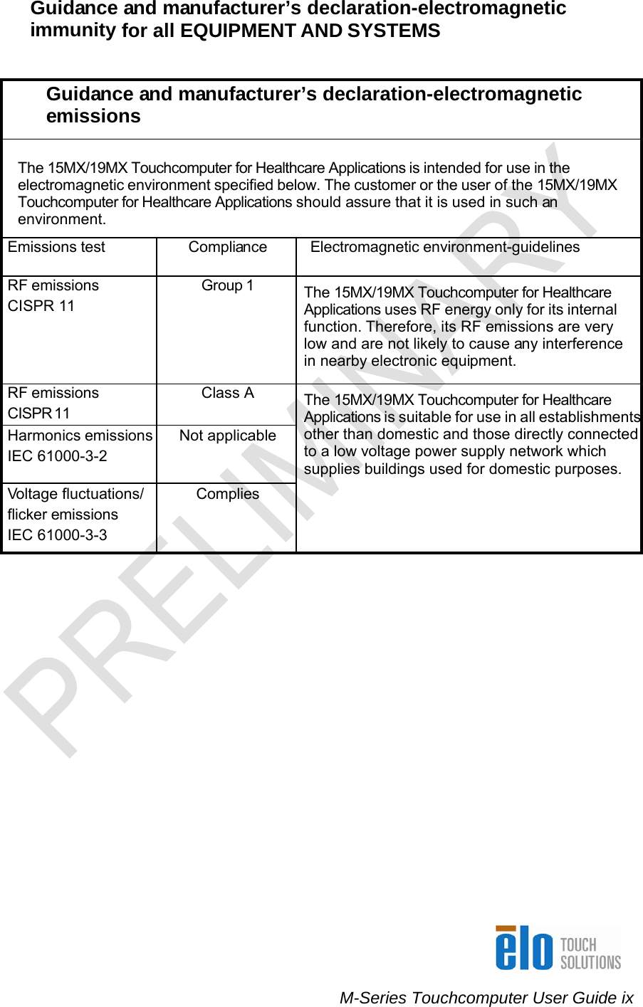    M-Series Touchcomputer User Guide ix Guidance and manufacturer’s declaration-electromagnetic immunity for all EQUIPMENT AND SYSTEMS   Guidance and manufacturer’s declaration-electromagnetic emissions  The 15MX/19MX Touchcomputer for Healthcare Applications is intended for use in the electromagnetic environment specified below. The customer or the user of the 15MX/19MX Touchcomputer for Healthcare Applications should assure that it is used in such an environment. Emissions test  Compliance  Electromagnetic environment-guidelines RF emissions CISPR 11 Group 1  The 15MX/19MX Touchcomputer for Healthcare Applications uses RF energy only for its internal function. Therefore, its RF emissions are very low and are not likely to cause any interference in nearby electronic equipment. RF emissions CISPR 11 Class A Harmonics emissions IEC 61000-3-2 Not applicable Voltage fluctuations/ flicker emissions IEC 61000-3-3 Complies The 15MX/19MX Touchcomputer for Healthcare Applications is suitable for use in all establishmentsother than domestic and those directly connected to a low voltage power supply network which supplies buildings used for domestic purposes.                                                  