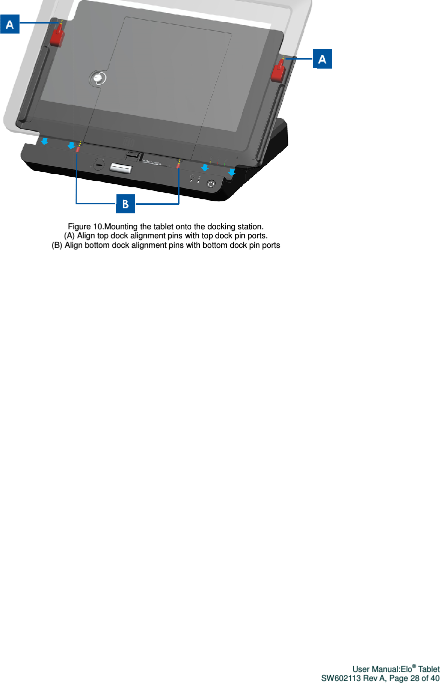 Figure 10.(A) Align top dock alignment pins with top dock pin ports. (B) Align bottom dock alignment pins with bottom dock pin ports  Figure 10.Mounting the tablet onto the docking station. (A) Align top dock alignment pins with top dock pin ports.  (B) Align bottom dock alignment pins with bottom dock pin ports  User Manual:Elo® Tablet SW602113 Rev A, Page 28 of 40   