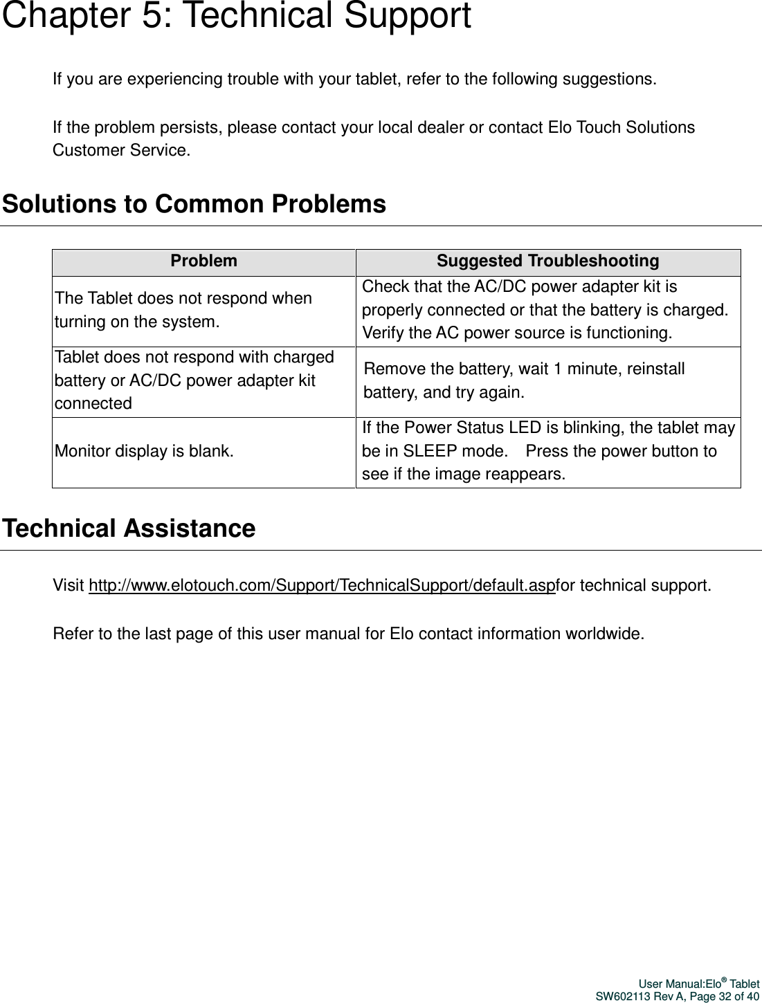 User Manual:Elo® Tablet SW602113 Rev A, Page 32 of 40 Chapter 5: Technical Support If you are experiencing trouble with your tablet, refer to the following suggestions. If the problem persists, please contact your local dealer or contact Elo Touch Solutions Customer Service. Solutions to Common Problems  Problem  Suggested Troubleshooting The Tablet does not respond when turning on the system. Check that the AC/DC power adapter kit is properly connected or that the battery is charged. Verify the AC power source is functioning. Tablet does not respond with charged battery or AC/DC power adapter kit connected Remove the battery, wait 1 minute, reinstall battery, and try again. Monitor display is blank. If the Power Status LED is blinking, the tablet may be in SLEEP mode.    Press the power button to see if the image reappears. Technical Assistance Visit http://www.elotouch.com/Support/TechnicalSupport/default.aspfor technical support. Refer to the last page of this user manual for Elo contact information worldwide.  