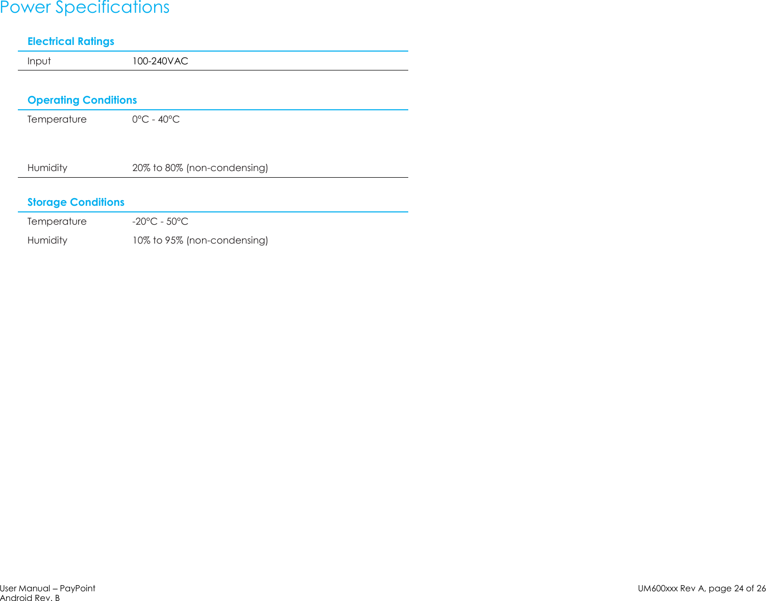 User Manual – PayPoint Android Rev. B UM600xxx Rev A, page 24 of 26   Power Specifications  Electrical Ratings Input 100-240VAC  Operating Conditions Temperature 0°C - 40°C  Humidity 20% to 80% (non-condensing)   Storage Conditions Temperature -20°C - 50°C Humidity 10% to 95% (non-condensing) 