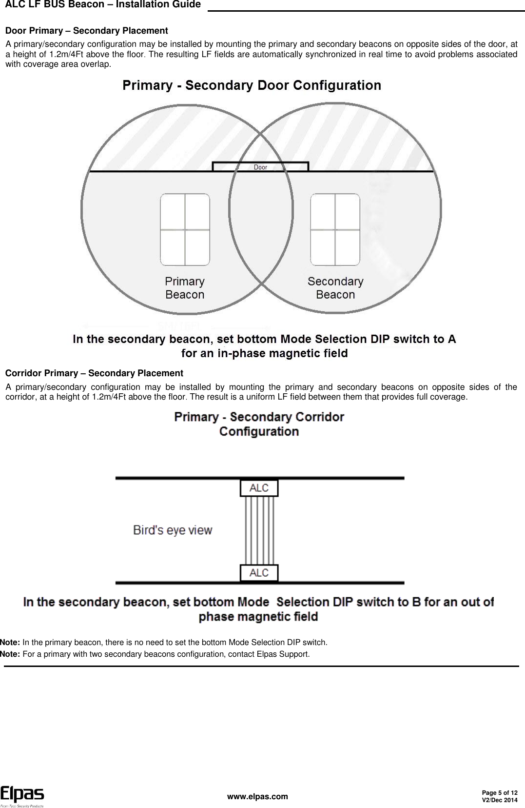 ALC LF BUS Beacon – Installation Guide    www.elpas.com Page 5 of 12 V2/Dec 2014   Door Primary – Secondary Placement A primary/secondary configuration may be installed by mounting the primary and secondary beacons on opposite sides of the door, at a height of 1.2m/4Ft above the floor. The resulting LF fields are automatically synchronized in real time to avoid problems associated with coverage area overlap.  Corridor Primary – Secondary Placement A  primary/secondary  configuration  may  be  installed  by  mounting  the  primary  and  secondary  beacons  on  opposite  sides  of  the corridor, at a height of 1.2m/4Ft above the floor. The result is a uniform LF field between them that provides full coverage.  Note: In the primary beacon, there is no need to set the bottom Mode Selection DIP switch. Note: For a primary with two secondary beacons configuration, contact Elpas Support.       