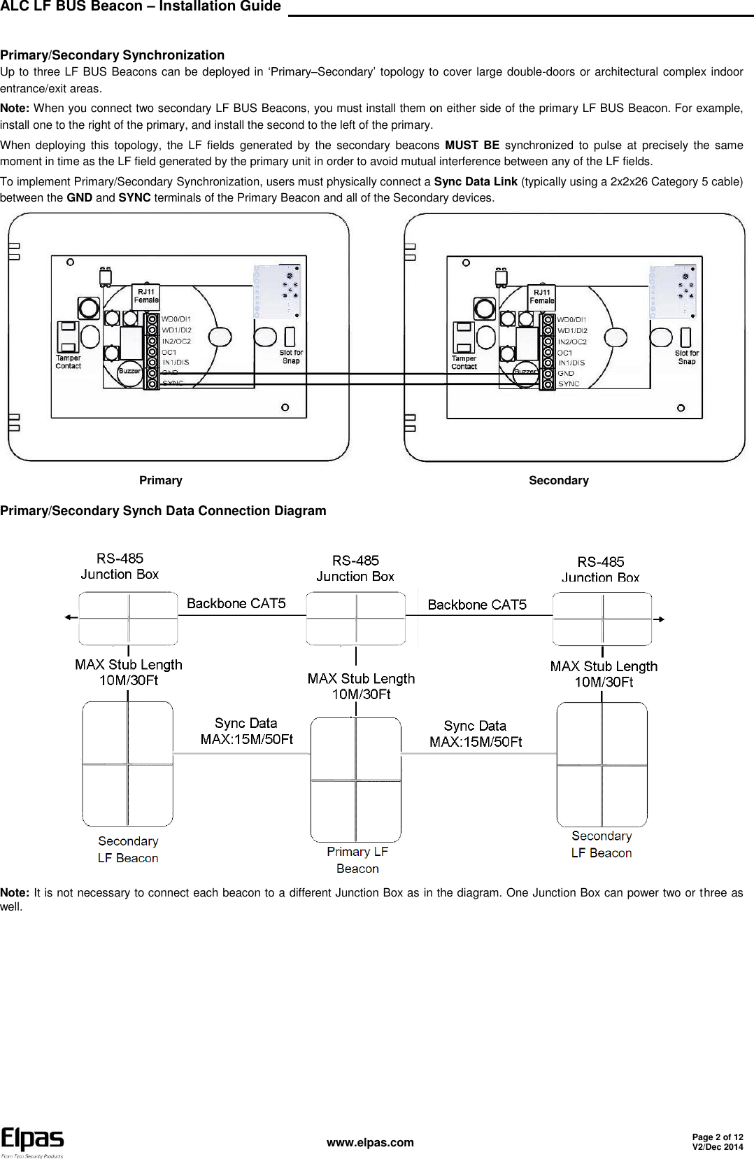 ALC LF BUS Beacon – Installation Guide    www.elpas.com Page 2 of 12 V2/Dec 2014   Primary/Secondary Synchronization Up to three LF BUS Beacons can be deployed in ‘Primary–Secondary’ topology to cover large double-doors or architectural complex indoor entrance/exit areas. Note: When you connect two secondary LF BUS Beacons, you must install them on either side of the primary LF BUS Beacon. For example, install one to the right of the primary, and install the second to the left of the primary. When  deploying  this  topology,  the LF  fields  generated  by  the  secondary  beacons  MUST BE  synchronized  to  pulse  at  precisely  the  same moment in time as the LF field generated by the primary unit in order to avoid mutual interference between any of the LF fields.  To implement Primary/Secondary Synchronization, users must physically connect a Sync Data Link (typically using a 2x2x26 Category 5 cable) between the GND and SYNC terminals of the Primary Beacon and all of the Secondary devices.                                             Primary                                                                                                           Secondary  Primary/Secondary Synch Data Connection Diagram   Note: It is not necessary to connect each beacon to a different Junction Box as in the diagram. One Junction Box can power two or three as well.    