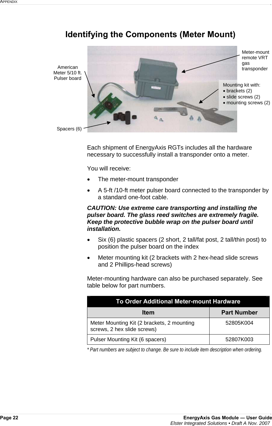 APPENDIX     Page 22  EnergyAxis Gas Module ― User Guide  Elster Integrated Solutions • Draft A Nov. 2007   Identifying the Components (Meter Mount)   Each shipment of EnergyAxis RGTs includes all the hardware necessary to successfully install a transponder onto a meter.   You will receive: •  The meter-mount transponder  •  A 5-ft /10-ft meter pulser board connected to the transponder by a standard one-foot cable. CAUTION: Use extreme care transporting and installing the pulser board. The glass reed switches are extremely fragile. Keep the protective bubble wrap on the pulser board until installation. •  Six (6) plastic spacers (2 short, 2 tall/fat post, 2 tall/thin post) to position the pulser board on the index •  Meter mounting kit (2 brackets with 2 hex-head slide screws and 2 Phillips-head screws)  Meter-mounting hardware can also be purchased separately. See table below for part numbers.  To Order Additional Meter-mount Hardware Item  Part Number Meter Mounting Kit (2 brackets, 2 mounting screws, 2 hex slide screws)  52805K004 Pulser Mounting Kit (6 spacers)  52807K003 * Part numbers are subject to change. Be sure to include item description when ordering.  American Meter 5/10 ft. Pulser board  Mounting kit with: • brackets (2) • slide screws (2) • mounting screws (2) Spacers (6) Meter-mount  remote VRT gas transponder