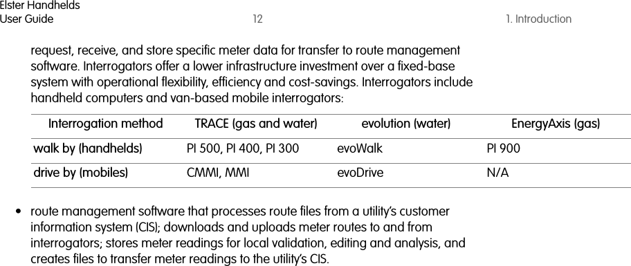 Elster HandheldsUser Guide 12 1. Introductionrequest, receive, and store specific meter data for transfer to route management software. Interrogators offer a lower infrastructure investment over a fixed-base system with operational flexibility, efficiency and cost-savings. Interrogators include handheld computers and van-based mobile interrogators: • route management software that processes route files from a utility’s customer information system (CIS); downloads and uploads meter routes to and from interrogators; stores meter readings for local validation, editing and analysis, and creates files to transfer meter readings to the utility’s CIS.Interrogation method TRACE (gas and water) evolution (water) EnergyAxis (gas)walk by (handhelds) PI 500, PI 400, PI 300 evoWalk PI 900drive by (mobiles) CMMI, MMI evoDrive N/A