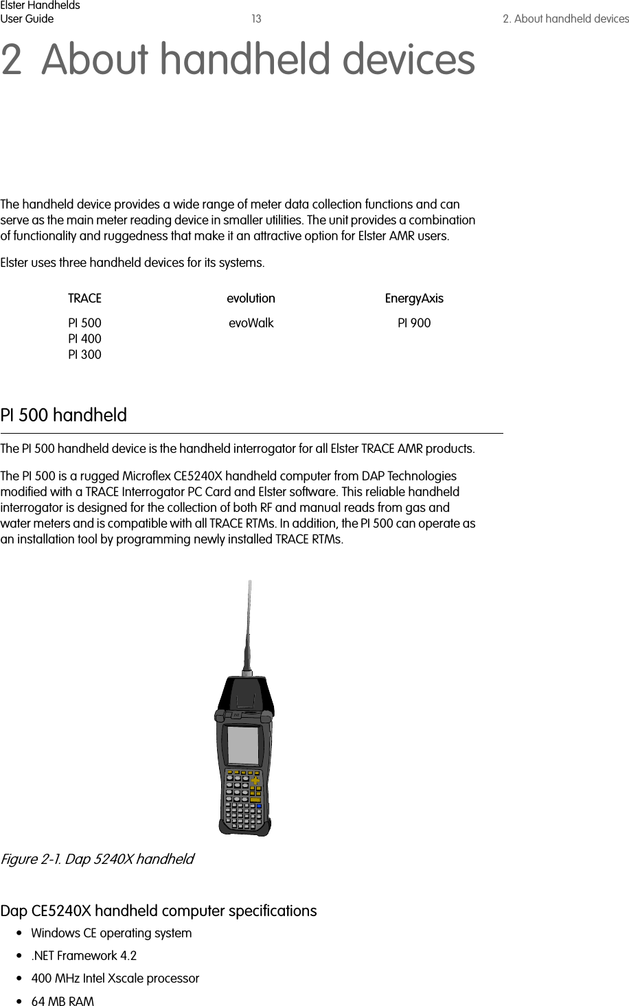 Elster HandheldsUser Guide 13 2. About handheld devices2 About handheld devicesThe handheld device provides a wide range of meter data collection functions and can serve as the main meter reading device in smaller utilities. The unit provides a combination of functionality and ruggedness that make it an attractive option for Elster AMR users.Elster uses three handheld devices for its systems.PI 500 handheldThe PI 500 handheld device is the handheld interrogator for all Elster TRACE AMR products. The PI 500 is a rugged Microflex CE5240X handheld computer from DAP Technologies modified with a TRACE Interrogator PC Card and Elster software. This reliable handheld interrogator is designed for the collection of both RF and manual reads from gas and water meters and is compatible with all TRACE RTMs. In addition, the PI 500 can operate as an installation tool by programming newly installed TRACE RTMs.Figure 2-1. Dap 5240X handheldDap CE5240X handheld computer specifications• Windows CE operating system• .NET Framework 4.2 • 400 MHz Intel Xscale processor• 64 MB RAMTRACE evolution EnergyAxisPI 500PI 400PI 300evoWalk PI 900  