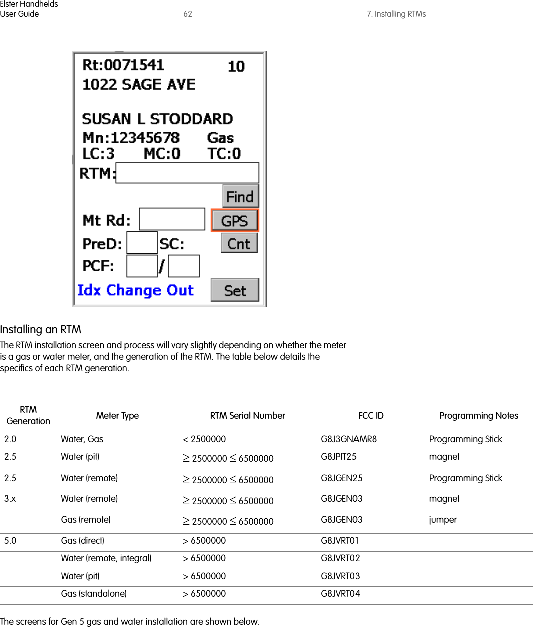 Elster HandheldsUser Guide 62 7. Installing RTMsInstalling an RTMThe RTM installation screen and process will vary slightly depending on whether the meter is a gas or water meter, and the generation of the RTM. The table below details the specifics of each RTM generation. The screens for Gen 5 gas and water installation are shown below.RTM Generation Meter Type RTM Serial Number FCC ID Programming Notes2.0 Water, Gas &lt; 2500000 G8J3GNAMR8 Programming Stick 2.5 Water (pit) ≥ 2500000 ≤ 6500000 G8JPIT25 magnet2.5 Water (remote) ≥ 2500000 ≤ 6500000 G8JGEN25 Programming Stick3.x Water (remote) ≥ 2500000 ≤ 6500000 G8JGEN03 magnetGas (remote) ≥ 2500000 ≤ 6500000 G8JGEN03 jumper5.0 Gas (direct) &gt; 6500000 G8JVRT01Water (remote, integral) &gt; 6500000 G8JVRT02Water (pit) &gt; 6500000 G8JVRT03Gas (standalone) &gt; 6500000 G8JVRT04