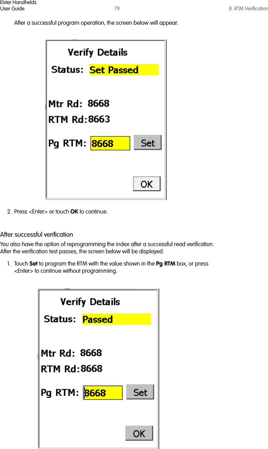 Elster HandheldsUser Guide 79 8. RTM VerificationAfter a successful program operation, the screen below will appear. 2. Press &lt;Enter&gt; or touch OK to continue.After successful verificationYou also have the option of reprogramming the index after a successful read verification. After the verification test passes, the screen below will be displayed. 1. Touch Set to program the RTM with the value shown in the Pg RTM box, or press &lt;Enter&gt; to continue without programming.