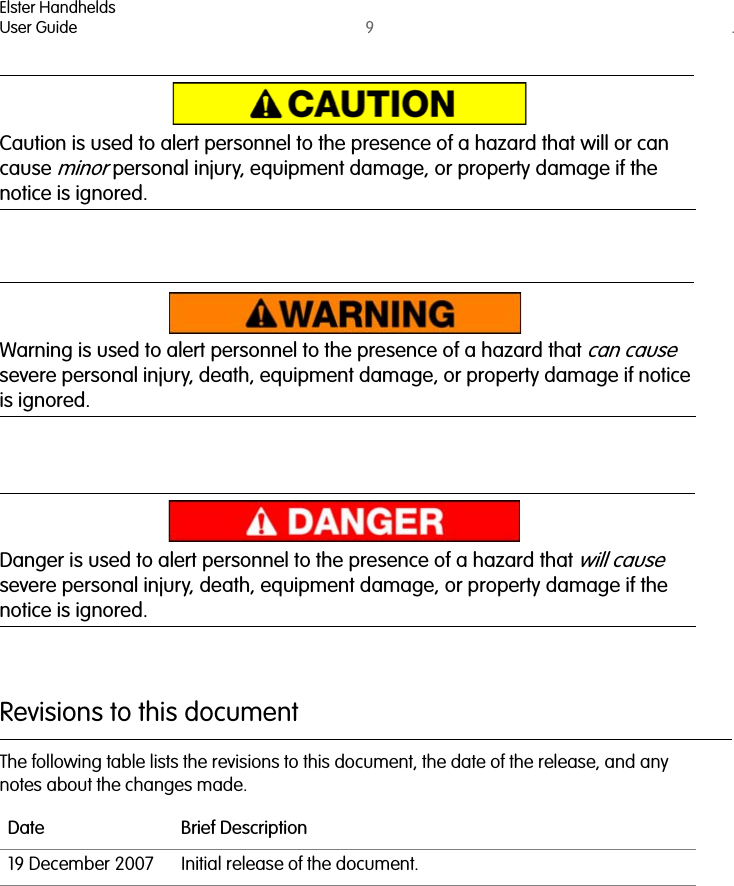 Elster HandheldsUser Guide 9. Caution is used to alert personnel to the presence of a hazard that will or can cause minor personal injury, equipment damage, or property damage if the notice is ignored.Warning is used to alert personnel to the presence of a hazard that can cause severe personal injury, death, equipment damage, or property damage if notice is ignored.Danger is used to alert personnel to the presence of a hazard that will cause severe personal injury, death, equipment damage, or property damage if the notice is ignored.Revisions to this documentThe following table lists the revisions to this document, the date of the release, and any notes about the changes made.Date Brief Description19 December 2007 Initial release of the document.