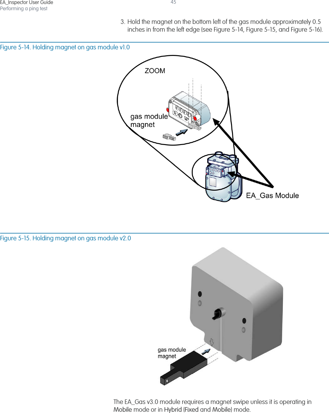 EA_Inspector User GuidePerforming a ping test453. Hold the magnet on the bottom left of the gas module approximately 0.5 inches in from the left edge (see Figure 5-14, Figure 5-15, and Figure 5-16).Figure 5-14. Holding magnet on gas module v1.0Figure 5-15. Holding magnet on gas module v2.0The EA_Gas v3.0 module requires a magnet swipe unless it is operating in Mobile mode or in Hybrid (Fixed and Mobile) mode.