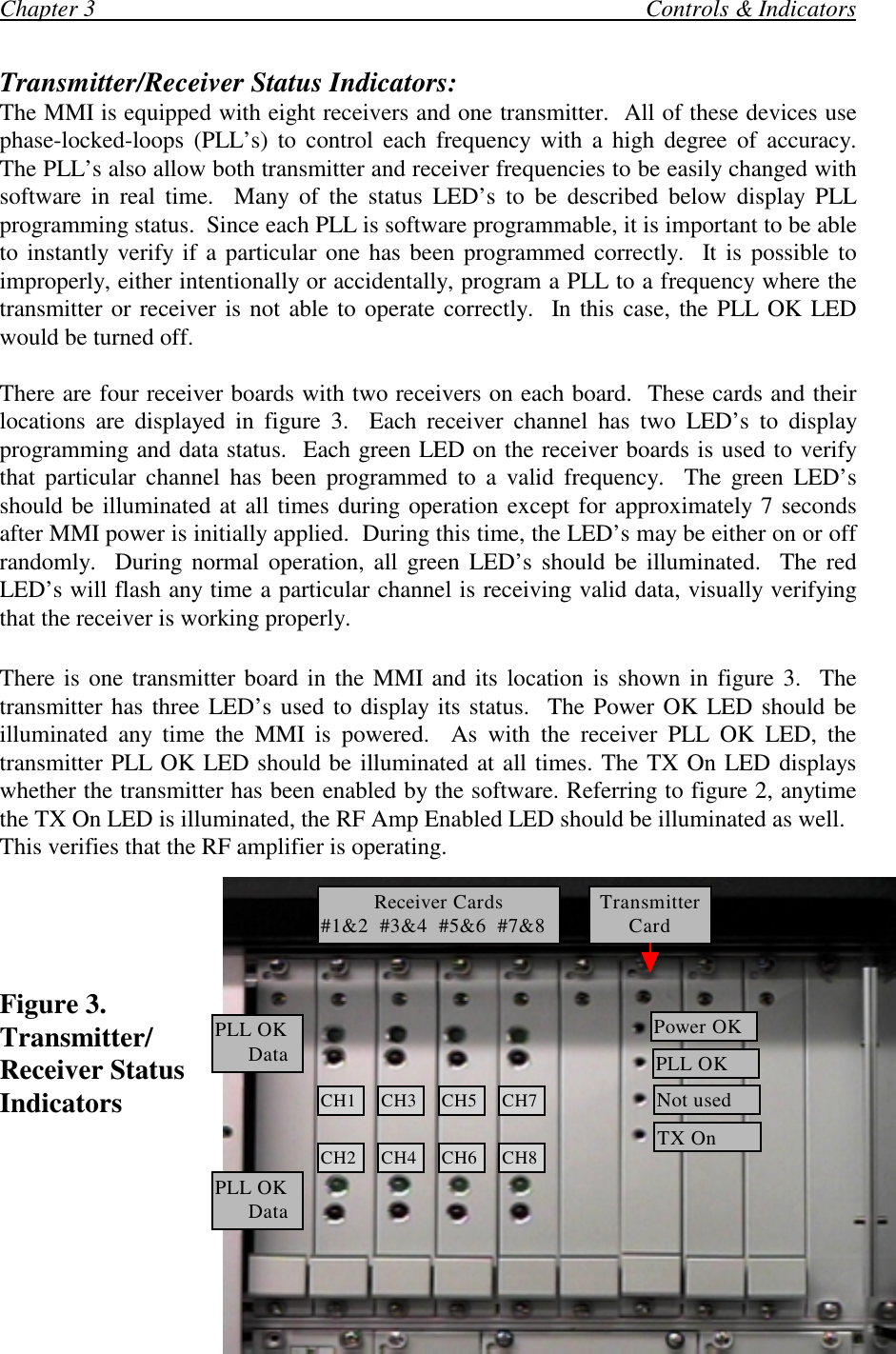Chapter 3                                                                                             Controls &amp; IndicatorsTransmitter/Receiver Status Indicators:The MMI is equipped with eight receivers and one transmitter.  All of these devices usephase-locked-loops (PLL’s) to control each frequency with a high degree of accuracy.The PLL’s also allow both transmitter and receiver frequencies to be easily changed withsoftware in real time.  Many of the status LED’s to be described below display PLLprogramming status.  Since each PLL is software programmable, it is important to be ableto instantly verify if a particular one has been programmed correctly.  It is possible toimproperly, either intentionally or accidentally, program a PLL to a frequency where thetransmitter or receiver is not able to operate correctly.  In this case, the PLL OK LEDwould be turned off.There are four receiver boards with two receivers on each board.  These cards and theirlocations are displayed in figure 3.  Each receiver channel has two LED’s to displayprogramming and data status.  Each green LED on the receiver boards is used to verifythat particular channel has been programmed to a valid frequency.  The green LED’sshould be illuminated at all times during operation except for approximately 7 secondsafter MMI power is initially applied.  During this time, the LED’s may be either on or offrandomly.  During normal operation, all green LED’s should be illuminated.  The redLED’s will flash any time a particular channel is receiving valid data, visually verifyingthat the receiver is working properly.There is one transmitter board in the MMI and its location is shown in figure 3.  Thetransmitter has three LED’s used to display its status.  The Power OK LED should beilluminated any time the MMI is powered.  As with the receiver PLL OK LED, thetransmitter PLL OK LED should be illuminated at all times. The TX On LED displayswhether the transmitter has been enabled by the software. Referring to figure 2, anytimethe TX On LED is illuminated, the RF Amp Enabled LED should be illuminated as well.This verifies that the RF amplifier is operating.Figure 3.Transmitter/Receiver StatusIndicatorsReceiver Cards#1&amp;2  #3&amp;4  #5&amp;6  #7&amp;8 TransmitterCardPLL OK      DataPLL OK      DataPower OKPLL OKNot usedTX OnCH1 CH3 CH5 CH7CH2 CH4 CH6 CH8
