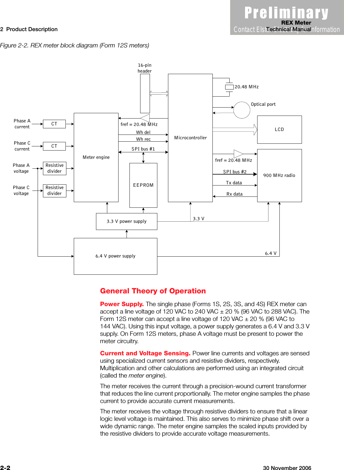 3UHOLPLQDU\Contact Elster Electricity for informationREX Meter2  Product Description Technical Manual2-2 30 November 2006Figure 2-2. REX meter block diagram (Form 12S meters)General Theory of OperationPower Supply. The single phase (Forms 1S, 2S, 3S, and 4S) REX meter can accept a line voltage of 120 VAC to 240 VAC ± 20 % (96 VAC to 288 VAC). The Form 12S meter can accept a line voltage of 120 VAC ± 20 % (96 VAC to 144 VAC). Using this input voltage, a power supply generates a 6.4 V and 3.3 V supply. On Form 12S meters, phase A voltage must be present to power the meter circuitry.Current and Voltage Sensing. Power line currents and voltages are sensed using specialized current sensors and resistive dividers, respectively. Multiplication and other calculations are performed using an integrated circuit (called the meter engine). The meter receives the current through a precision-wound current transformer that reduces the line current proportionally. The meter engine samples the phase current to provide accurate current measurements.The meter receives the voltage through resistive dividers to ensure that a linear logic level voltage is maintained. This also serves to minimize phase shift over a wide dynamic range. The meter engine samples the scaled inputs provided by the resistive dividers to provide accurate voltage measurements.Meter engineEEPROMMicrocontrollerLCD900 MHz radio6.4 V power supply3.3 V power supply 3.3 V16-pinheaderOptical port20.48 MHzCTPhase AcurrentResistivedividerPhase Cvoltage6.4 VSPI bus #1Wh recWh delfref = 20.48 MHzfref = 20.48 MHzSPI bus #2Tx dataRx dataCTPhase CcurrentResistivedividerPhase Avoltage