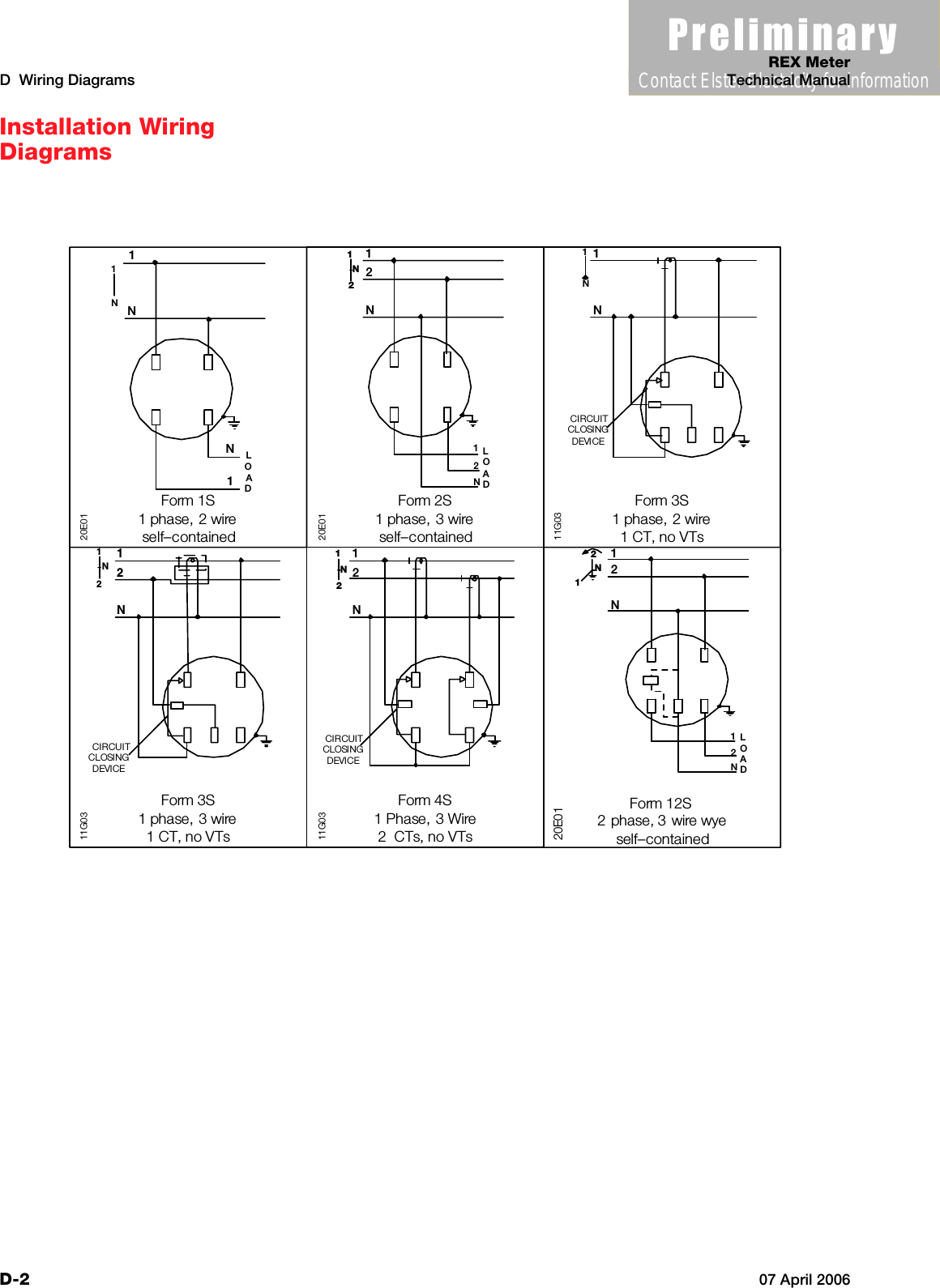 3UHOLPLQDU\Contact Elster Electricity for informationREX MeterD  Wiring Diagrams Technical ManualD-2 07 April 2006Installation Wiring DiagramsForm 3S1 phase, 3 wire1 CT, no VTs11G0312NN21CIRCUITCLOSINGDEVICEForm 4S1 Phase, 3 Wire2  CTs, no VTs11G0312NN21CIRCUITCLOSINGDEVICEN1LOAD1N1NForm 1S1 phase, 2 wireself–contained20E0112NLOAD2N1N21Form 2S1 phase, 3 wireself–contained20E01Form 3S1 phase, 2 wire1 CT, no VTs11G031NN1CIRCUITCLOSINGDEVICELOAD2N112NN21Form 12S2 phase, 3 wire wyeself–contained20E01