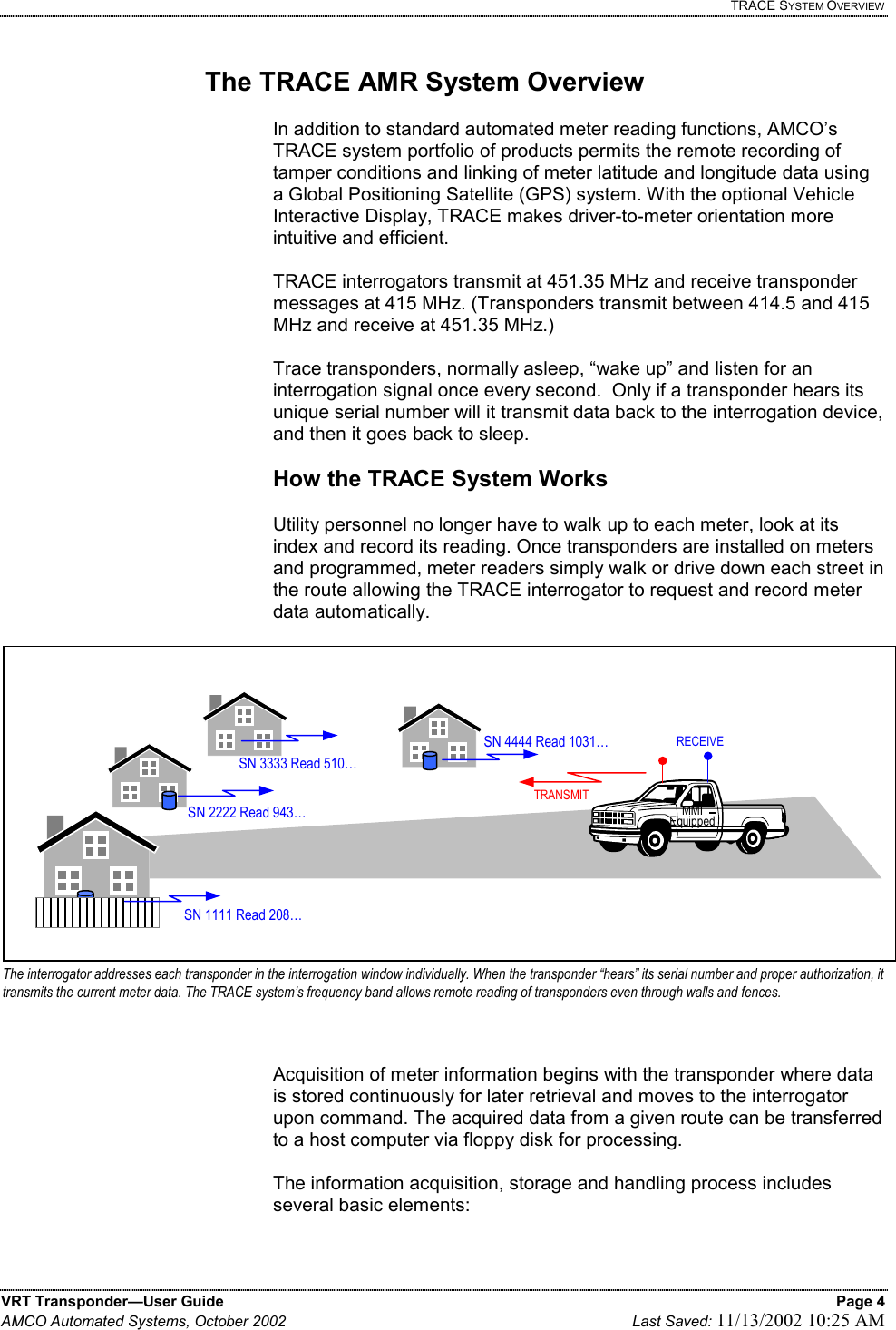   TRACE SYSTEM OVERVIEW VRT Transponder—User Guide    Page 4 AMCO Automated Systems, October 2002    Last Saved: 11/13/2002 10:25 AM   The TRACE AMR System Overview  In addition to standard automated meter reading functions, AMCO’s TRACE system portfolio of products permits the remote recording of tamper conditions and linking of meter latitude and longitude data using a Global Positioning Satellite (GPS) system. With the optional Vehicle Interactive Display, TRACE makes driver-to-meter orientation more intuitive and efficient.   TRACE interrogators transmit at 451.35 MHz and receive transponder messages at 415 MHz. (Transponders transmit between 414.5 and 415 MHz and receive at 451.35 MHz.)    Trace transponders, normally asleep, “wake up” and listen for an interrogation signal once every second.  Only if a transponder hears its unique serial number will it transmit data back to the interrogation device, and then it goes back to sleep.    How the TRACE System Works  Utility personnel no longer have to walk up to each meter, look at its index and record its reading. Once transponders are installed on meters and programmed, meter readers simply walk or drive down each street in the route allowing the TRACE interrogator to request and record meter data automatically.  Acquisition of meter information begins with the transponder where data is stored continuously for later retrieval and moves to the interrogator upon command. The acquired data from a given route can be transferred to a host computer via floppy disk for processing.  The information acquisition, storage and handling process includes several basic elements:  SN 1111 Read 208… SN 2222 Read 943… MMI Equipped SN 3333 Read 510… SN 4444 Read 1031… TRANSMITRECEIVEThe interrogator addresses each transponder in the interrogation window individually. When the transponder “hears” its serial number and proper authorization, it transmits the current meter data. The TRACE system’s frequency band allows remote reading of transponders even through walls and fences.  