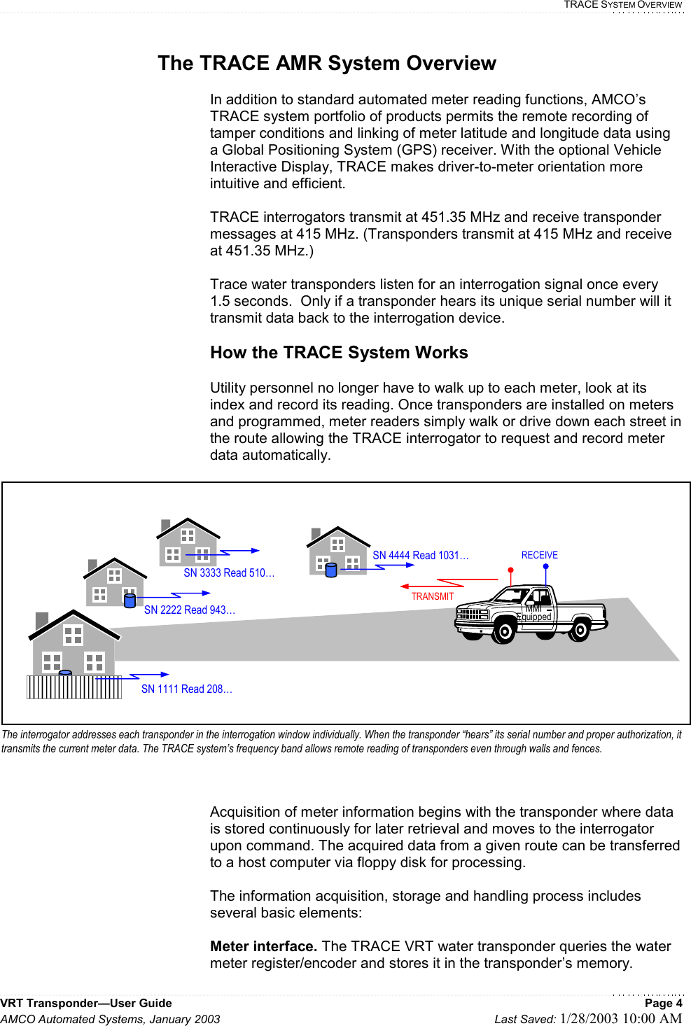   TRACE SYSTEM OVERVIEW VRT Transponder—User Guide    Page 4 AMCO Automated Systems, January 2003    Last Saved: 1/28/2003 10:00 AM  The TRACE AMR System Overview  In addition to standard automated meter reading functions, AMCO’s TRACE system portfolio of products permits the remote recording of tamper conditions and linking of meter latitude and longitude data using a Global Positioning System (GPS) receiver. With the optional Vehicle Interactive Display, TRACE makes driver-to-meter orientation more intuitive and efficient.   TRACE interrogators transmit at 451.35 MHz and receive transponder messages at 415 MHz. (Transponders transmit at 415 MHz and receive at 451.35 MHz.)    Trace water transponders listen for an interrogation signal once every 1.5 seconds.  Only if a transponder hears its unique serial number will it transmit data back to the interrogation device.  How the TRACE System Works  Utility personnel no longer have to walk up to each meter, look at its index and record its reading. Once transponders are installed on meters and programmed, meter readers simply walk or drive down each street in the route allowing the TRACE interrogator to request and record meter data automatically.  Acquisition of meter information begins with the transponder where data is stored continuously for later retrieval and moves to the interrogator upon command. The acquired data from a given route can be transferred to a host computer via floppy disk for processing.  The information acquisition, storage and handling process includes several basic elements:  Meter interface. The TRACE VRT water transponder queries the water meter register/encoder and stores it in the transponder’s memory.  SN 1111 Read 208… SN 2222 Read 943… MMI Equipped SN 3333 Read 510…SN 4444 Read 1031…TRANSMITRECEIVEThe interrogator addresses each transponder in the interrogation window individually. When the transponder “hears” its serial number and proper authorization, it transmits the current meter data. The TRACE system’s frequency band allows remote reading of transponders even through walls and fences.  