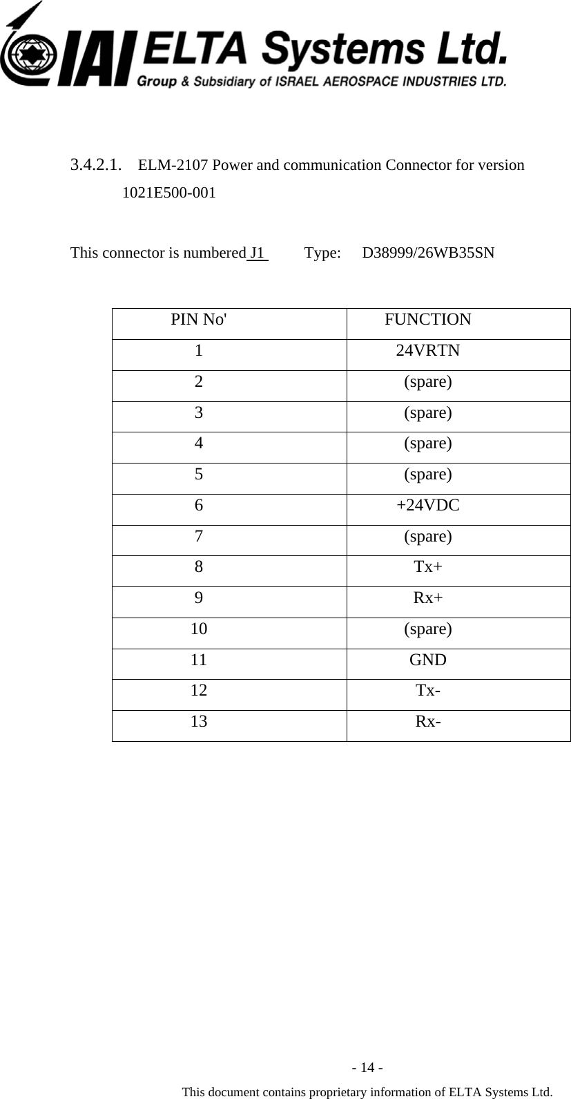  - 14 - This document contains proprietary information of ELTA Systems Ltd.  3.4.2.1.    ELM-2107 Power and communication Connector for version 1021E500-001 This connector is numbered J1          Type:  D38999/26WB35SN PIN No'  FUNCTION 1 24VRTN 2 (spare) 3 (spare) 4 (spare) 5 (spare) 6 +24VDC 7 (spare) 8 Tx+ 9 Rx+ 10 (spare) 11 GND 12 Tx- 13 Rx-  