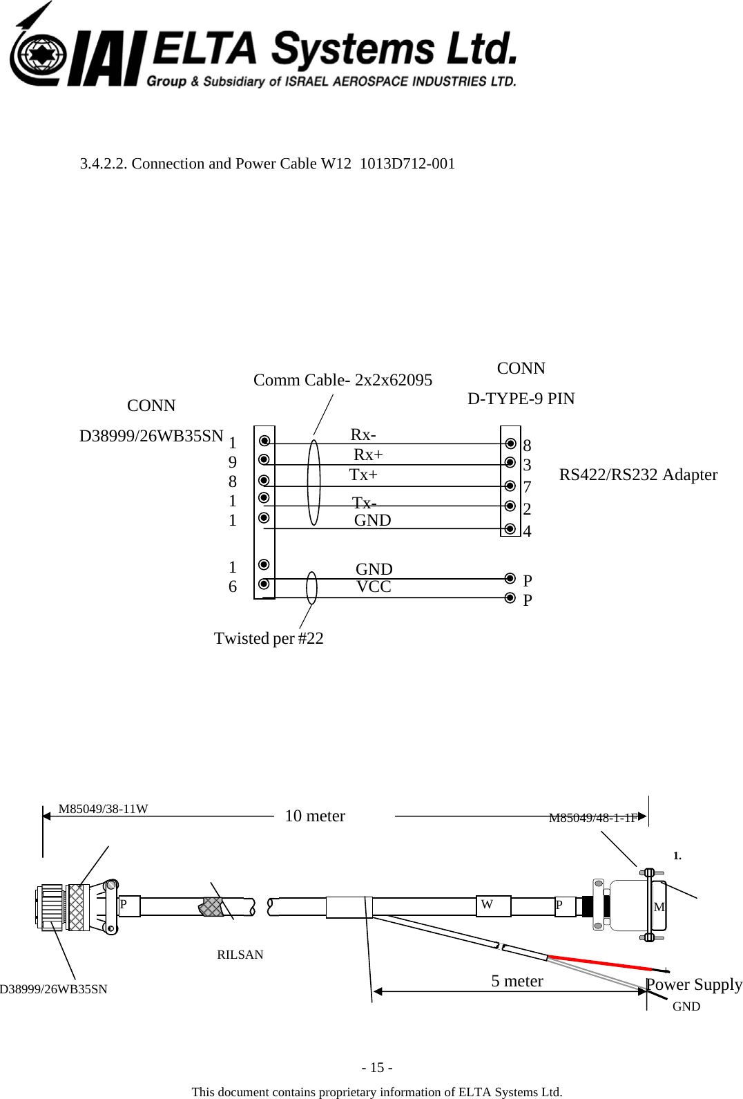  - 15 - This document contains proprietary information of ELTA Systems Ltd.  3.4.2.2. Connection and Power Cable W12  1013D712-001             5 meter 10 meter  PWP1.RILSAN GND D38999/26WB35SN +Power Supply M85049/38-11W  M85049/48-1-1F M19 8 111 6 83724PPCONN D-TYPE-9 PIN CONN D38999/26WB35SN VCCGNDGNDTx-Tx+Rx+Rx-RS422/RS232 Adapter Twisted per 22 # 2x2x62095    -Comm Cable