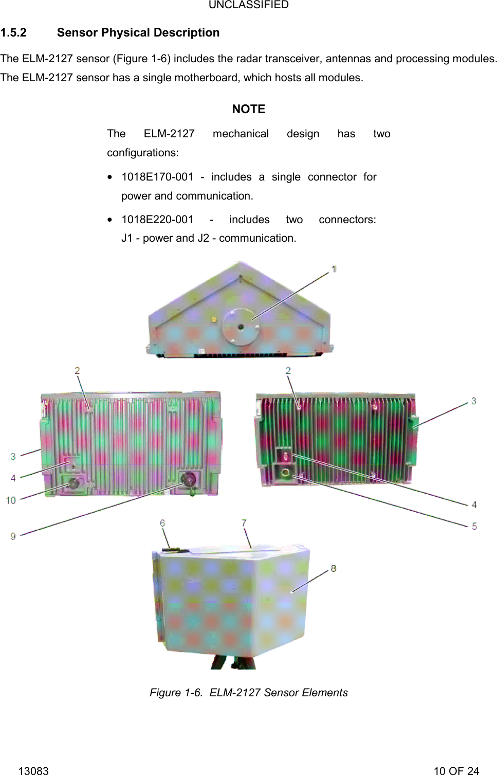 UNCLASSIFIED 13083                                                                                                                             10 OF 24 1.5.2  Sensor Physical Description The ELM-2127 sensor (Figure 1-6) includes the radar transceiver, antennas and processing modules. The ELM-2127 sensor has a single motherboard, which hosts all modules. NOTE The ELM-2127 mechanical design has two configurations:  1018E170-001 - includes a single connector for power and communication.  1018E220-001 - includes two connectors:  J1 - power and J2 - communication.  Figure 1-6.  ELM-2127 Sensor Elements 