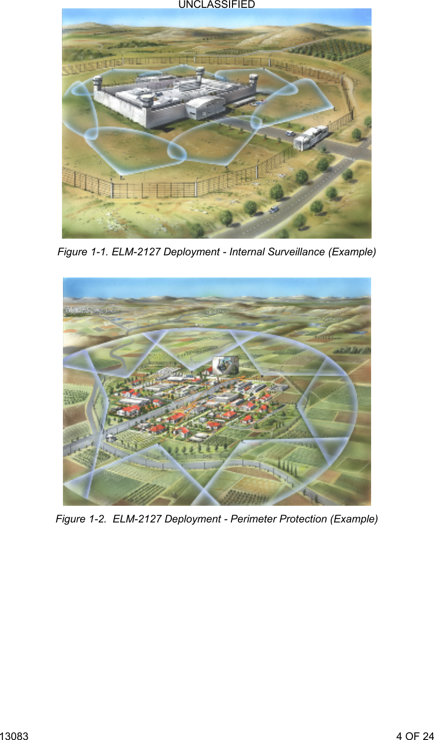 UNCLASSIFIED 13083                                                                                                                             4 OF 24  Figure 1-1. ELM-2127 Deployment - Internal Surveillance (Example)  Figure 1-2.  ELM-2127 Deployment - Perimeter Protection (Example) 