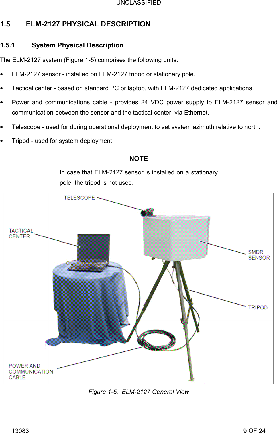 UNCLASSIFIED 13083                                                                                                                             9 OF 24 1.5   ELM-2127 PHYSICAL DESCRIPTION 1.5.1  System Physical Description The ELM-2127 system (Figure 1-5) comprises the following units:  ELM-2127 sensor - installed on ELM-2127 tripod or stationary pole.  Tactical center - based on standard PC or laptop, with ELM-2127 dedicated applications.  Power and communications cable - provides 24 VDC power supply to ELM-2127 sensor and communication between the sensor and the tactical center, via Ethernet.  Telescope - used for during operational deployment to set system azimuth relative to north.  Tripod - used for system deployment. NOTE In case that ELM-2127 sensor is installed on a stationary pole, the tripod is not used.  Figure 1-5.  ELM-2127 General View 