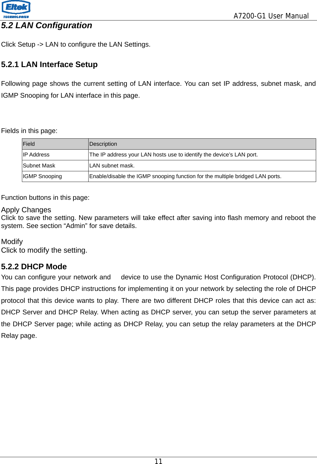                                         A7200-G1 User Manual 11  5.2 LAN Configuration  Click Setup -&gt; LAN to configure the LAN Settings. 5.2.1 LAN Interface Setup  Following page shows the current setting of LAN interface. You can set IP address, subnet mask, and IGMP Snooping for LAN interface in this page.   Fields in this page: Field  Description IP Address  The IP address your LAN hosts use to identify the device’s LAN port. Subnet Mask  LAN subnet mask. IGMP Snooping  Enable/disable the IGMP snooping function for the multiple bridged LAN ports.  Function buttons in this page: Apply Changes Click to save the setting. New parameters will take effect after saving into flash memory and reboot the system. See section “Admin” for save details.  Modify Click to modify the setting.       5.2.2 DHCP Mode You can configure your network and      device to use the Dynamic Host Configuration Protocol (DHCP). This page provides DHCP instructions for implementing it on your network by selecting the role of DHCP protocol that this device wants to play. There are two different DHCP roles that this device can act as: DHCP Server and DHCP Relay. When acting as DHCP server, you can setup the server parameters at the DHCP Server page; while acting as DHCP Relay, you can setup the relay parameters at the DHCP Relay page.          