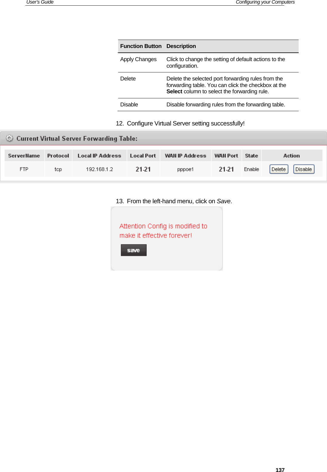 User’s Guide   Configuring your Computers  137           12.  Configure Virtual Server setting successfully!   13.  From the left-hand menu, click on Save.                     Function Button Description Apply Changes  Click to change the setting of default actions to the configuration. Delete  Delete the selected port forwarding rules from the forwarding table. You can click the checkbox at the Select column to select the forwarding rule. Disable  Disable forwarding rules from the forwarding table. 