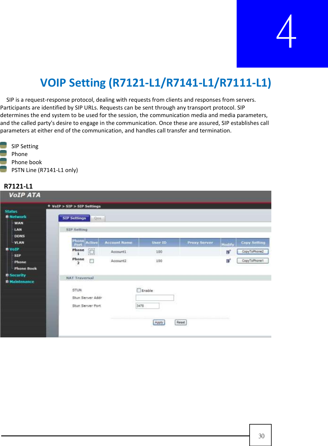  30  4      VOIP Setting (R7121-L1/R7141-L1/R7111-L1) SIP is a request-response protocol, dealing with requests from clients and responses from servers. Participants are identified by SIP URLs. Requests can be sent through any transport protocol. SIP determines the end system to be used for the session, the communication media and media parameters, and the called party&apos;s desire to engage in the communication. Once these are assured, SIP establishes call parameters at either end of the communication, and handles call transfer and termination.     SIP Setting  Phone  Phone book  PSTN Line (R7141-L1 only)    R7121-L1  