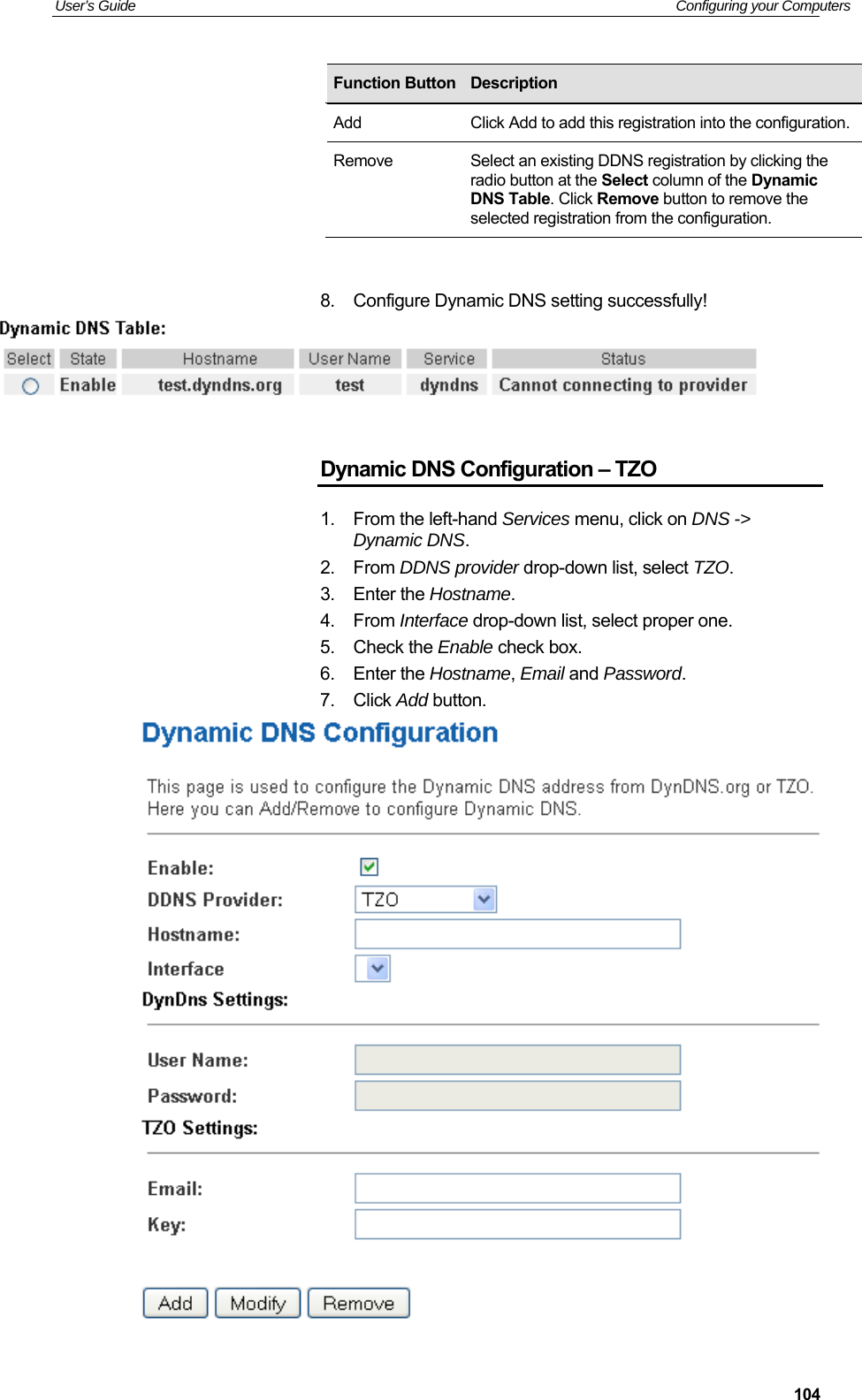 User’s Guide   Configuring your Computers  104       8.  Configure Dynamic DNS setting successfully!   Dynamic DNS Configuration – TZO 1.  From the left-hand Services menu, click on DNS -&gt; Dynamic DNS. 2.  From DDNS provider drop-down list, select TZO. 3.  Enter the Hostname. 4.  From Interface drop-down list, select proper one. 5.  Check the Enable check box. 6.  Enter the Hostname, Email and Password. 7.  Click Add button.  Function Button Description Add  Click Add to add this registration into the configuration.Remove  Select an existing DDNS registration by clicking the radio button at the Select column of the Dynamic DNS Table. Click Remove button to remove the selected registration from the configuration. 