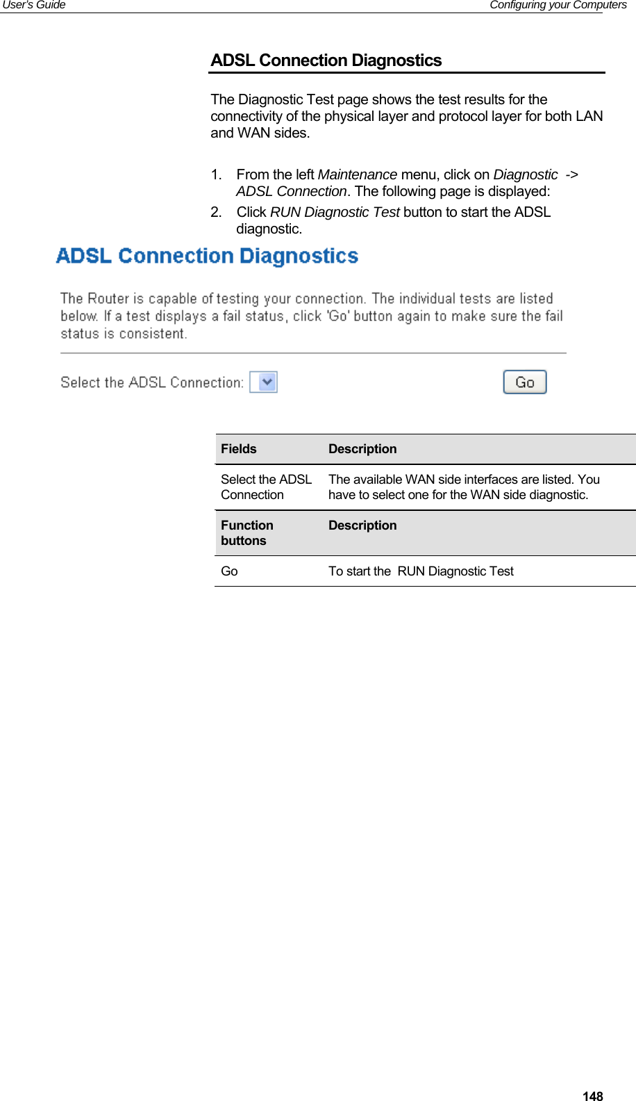 User’s Guide   Configuring your Computers  148ADSL Connection Diagnostics The Diagnostic Test page shows the test results for the connectivity of the physical layer and protocol layer for both LAN and WAN sides.  1.  From the left Maintenance menu, click on Diagnostic  -&gt; ADSL Connection. The following page is displayed: 2.  Click RUN Diagnostic Test button to start the ADSL diagnostic.                         Fields   Description Select the ADSL Connection The available WAN side interfaces are listed. You have to select one for the WAN side diagnostic. Function buttons Description Go  To start the  RUN Diagnostic Test 
