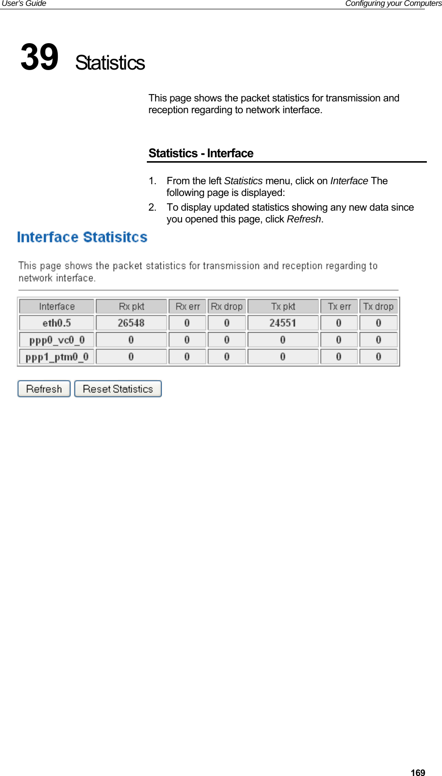 User’s Guide   Configuring your Computers  16939  Statistics This page shows the packet statistics for transmission and reception regarding to network interface.  Statistics - Interface 1.  From the left Statistics menu, click on Interface The following page is displayed: 2.  To display updated statistics showing any new data since you opened this page, click Refresh.                   