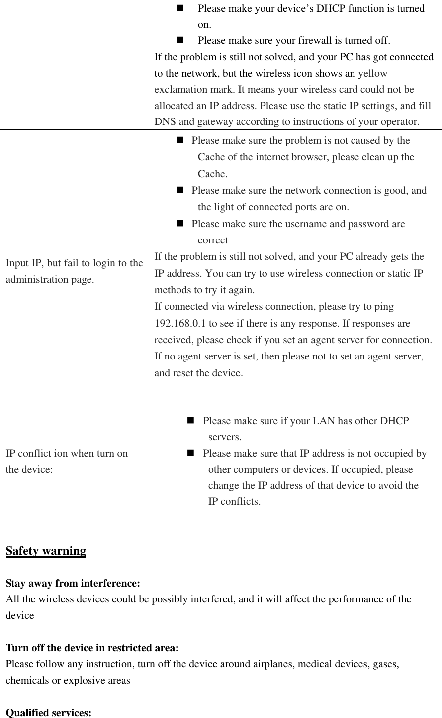  Please make your device’s DHCP function is turned on.  Please make sure your firewall is turned off. If the problem is still not solved, and your PC has got connected to the network, but the wireless icon shows an yellow exclamation mark. It means your wireless card could not be allocated an IP address. Please use the static IP settings, and fill DNS and gateway according to instructions of your operator.  Input IP, but fail to login to the administration page.  Please make sure the problem is not caused by the Cache of the internet browser, please clean up the Cache.  Please make sure the network connection is good, and the light of connected ports are on.  Please make sure the username and password are correct If the problem is still not solved, and your PC already gets the IP address. You can try to use wireless connection or static IP methods to try it again. If connected via wireless connection, please try to ping 192.168.0.1 to see if there is any response. If responses are received, please check if you set an agent server for connection. If no agent server is set, then please not to set an agent server, and reset the device.   IP conflict ion when turn on the device:   Please make sure if your LAN has other DHCP servers.  Please make sure that IP address is not occupied by other computers or devices. If occupied, please change the IP address of that device to avoid the IP conflicts.   Safety warning  Stay away from interference: All the wireless devices could be possibly interfered, and it will affect the performance of the device  Turn off the device in restricted area: Please follow any instruction, turn off the device around airplanes, medical devices, gases, chemicals or explosive areas  Qualified services: 