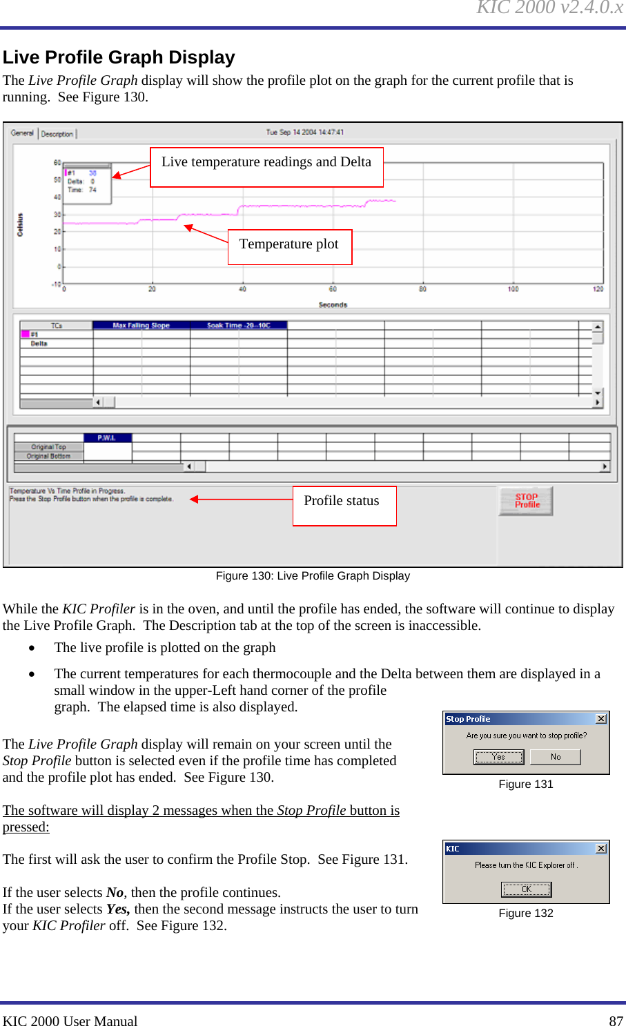 KIC 2000 v2.4.0.x KIC 2000 User Manual    87 Live Profile Graph Display The Live Profile Graph display will show the profile plot on the graph for the current profile that is running.  See Figure 130.     Figure 130: Live Profile Graph Display  While the KIC Profiler is in the oven, and until the profile has ended, the software will continue to display the Live Profile Graph.  The Description tab at the top of the screen is inaccessible. • The live profile is plotted on the graph • The current temperatures for each thermocouple and the Delta between them are displayed in a small window in the upper-Left hand corner of the profile graph.  The elapsed time is also displayed.  The Live Profile Graph display will remain on your screen until the Stop Profile button is selected even if the profile time has completed and the profile plot has ended.  See Figure 130.    The software will display 2 messages when the Stop Profile button is pressed:  The first will ask the user to confirm the Profile Stop.  See Figure 131.    If the user selects No, then the profile continues.  If the user selects Yes, then the second message instructs the user to turn your KIC Profiler off.  See Figure 132.      Figure 131  Figure 132 Temperature plot Profile status Live temperature readings and Delta 