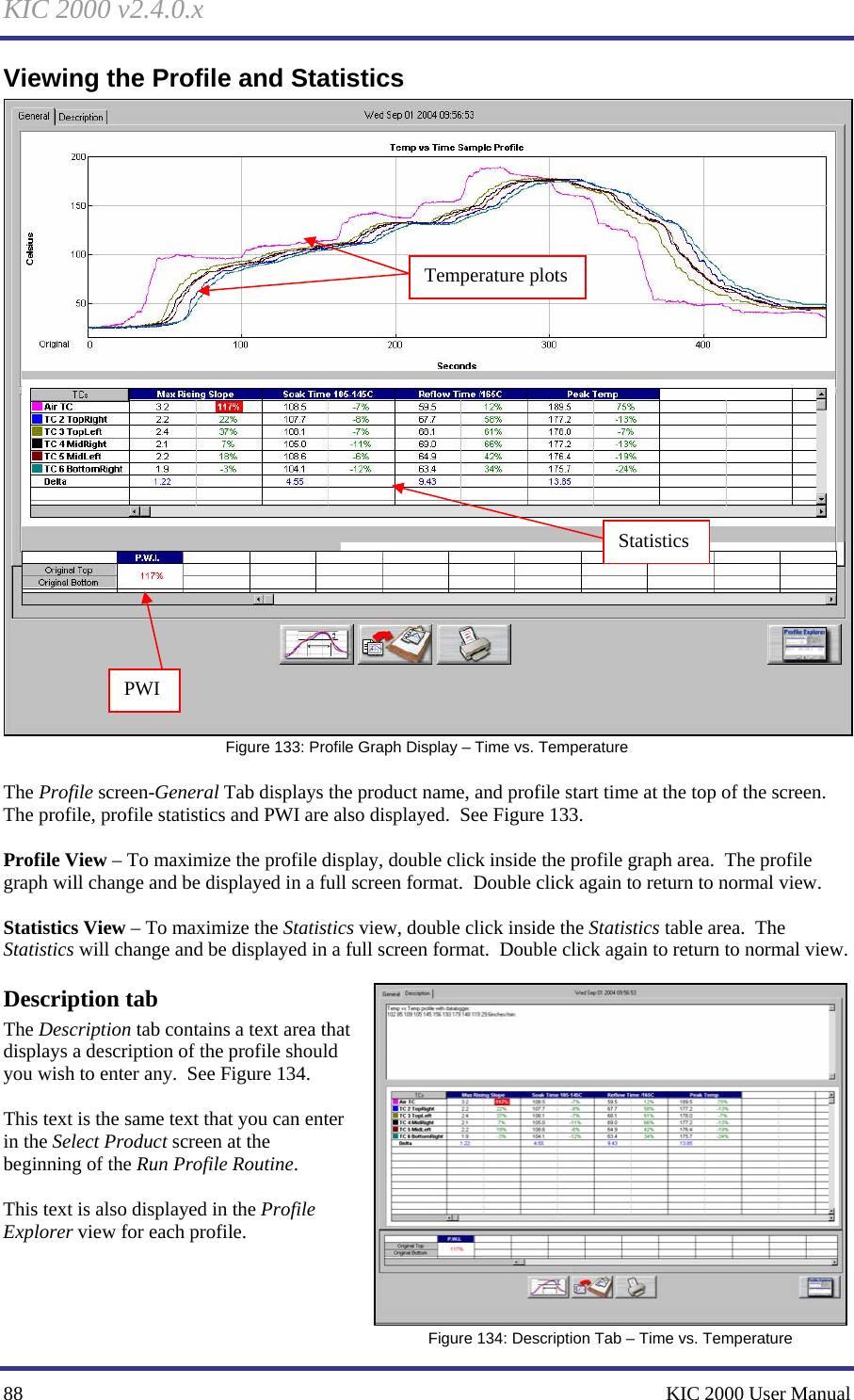 KIC 2000 v2.4.0.x 88    KIC 2000 User Manual Viewing the Profile and Statistics  Figure 133: Profile Graph Display – Time vs. Temperature  The Profile screen-General Tab displays the product name, and profile start time at the top of the screen.  The profile, profile statistics and PWI are also displayed.  See Figure 133.    Profile View – To maximize the profile display, double click inside the profile graph area.  The profile graph will change and be displayed in a full screen format.  Double click again to return to normal view.  Statistics View – To maximize the Statistics view, double click inside the Statistics table area.  The Statistics will change and be displayed in a full screen format.  Double click again to return to normal view. Description tab The Description tab contains a text area that displays a description of the profile should you wish to enter any.  See Figure 134.    This text is the same text that you can enter in the Select Product screen at the beginning of the Run Profile Routine.  This text is also displayed in the Profile Explorer view for each profile.      Figure 134: Description Tab – Time vs. Temperature Temperature plots Statistics PWI 