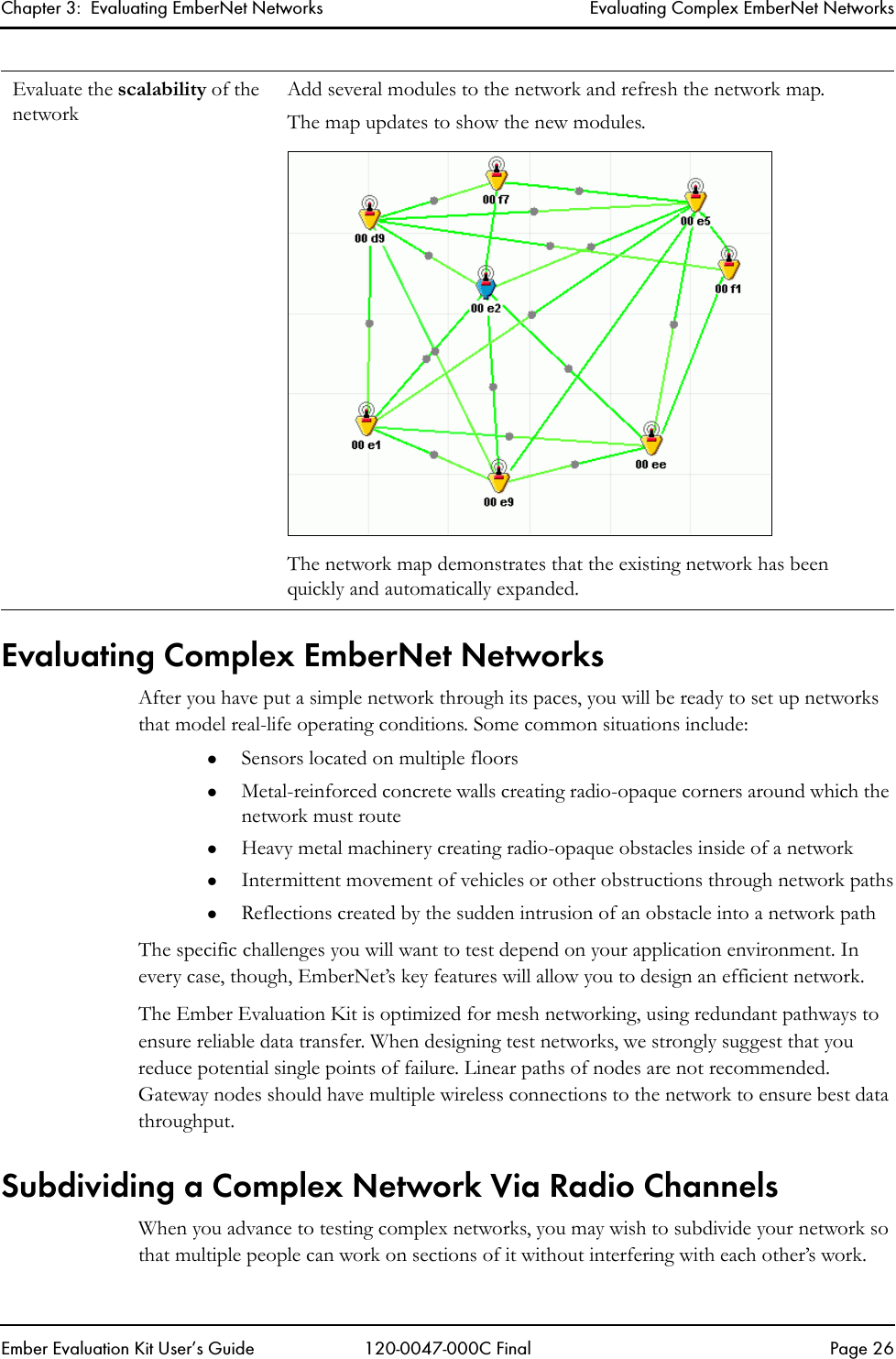 Chapter 3:  Evaluating EmberNet Networks Evaluating Complex EmberNet NetworksEmber Evaluation Kit User&rsquo;s Guide 120-0047-000C Final Page 26Evaluating Complex EmberNet NetworksAfter you have put a simple network through its paces, you will be ready to set up networks that model real-life operating conditions. Some common situations include:zSensors located on multiple floorszMetal-reinforced concrete walls creating radio-opaque corners around which the network must routezHeavy metal machinery creating radio-opaque obstacles inside of a networkzIntermittent movement of vehicles or other obstructions through network pathszReflections created by the sudden intrusion of an obstacle into a network pathThe specific challenges you will want to test depend on your application environment. In every case, though, EmberNet&rsquo;s key features will allow you to design an efficient network.The Ember Evaluation Kit is optimized for mesh networking, using redundant pathways to ensure reliable data transfer. When designing test networks, we strongly suggest that you reduce potential single points of failure. Linear paths of nodes are not recommended. Gateway nodes should have multiple wireless connections to the network to ensure best data throughput.Subdividing a Complex Network Via Radio ChannelsWhen you advance to testing complex networks, you may wish to subdivide your network so that multiple people can work on sections of it without interfering with each other&rsquo;s work.Evaluate the scalability of the networkAdd several modules to the network and refresh the network map. The map updates to show the new modules.The network map demonstrates that the existing network has been quickly and automatically expanded.