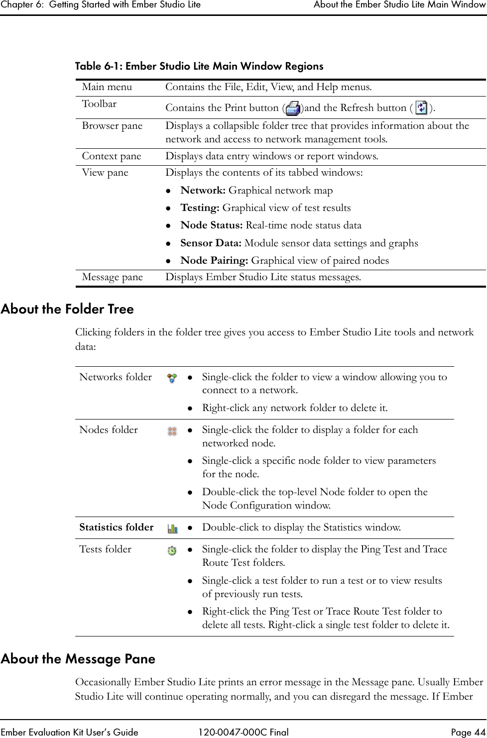 Chapter 6:  Getting Started with Ember Studio Lite About the Ember Studio Lite Main WindowEmber Evaluation Kit User&rsquo;s Guide 120-0047-000C Final Page 44About the Folder TreeClicking folders in the folder tree gives you access to Ember Studio Lite tools and network data:About the Message PaneOccasionally Ember Studio Lite prints an error message in the Message pane. Usually Ember Studio Lite will continue operating normally, and you can disregard the message. If Ember Table 6-1: Ember Studio Lite Main Window RegionsMain menu Contains the File, Edit, View, and Help menus.Toolbar Contains the Print button ( )and the Refresh button ( ).Browser pane Displays a collapsible folder tree that provides information about the network and access to network management tools. Context pane Displays data entry windows or report windows.View pane Displays the contents of its tabbed windows:zNetwork: Graphical network mapzTesting: Graphical view of test resultszNode Status: Real-time node status datazSensor Data: Module sensor data settings and graphszNode Pairing: Graphical view of paired nodesMessage pane Displays Ember Studio Lite status messages.Networks folder zSingle-click the folder to view a window allowing you to connect to a network.zRight-click any network folder to delete it.Nodes folder zSingle-click the folder to display a folder for each networked node.zSingle-click a specific node folder to view parameters for the node.zDouble-click the top-level Node folder to open the Node Configuration window.Statistics folder zDouble-click to display the Statistics window.Tests folder zSingle-click the folder to display the Ping Test and Trace Route Test folders. zSingle-click a test folder to run a test or to view results of previously run tests.zRight-click the Ping Test or Trace Route Test folder to delete all tests. Right-click a single test folder to delete it.