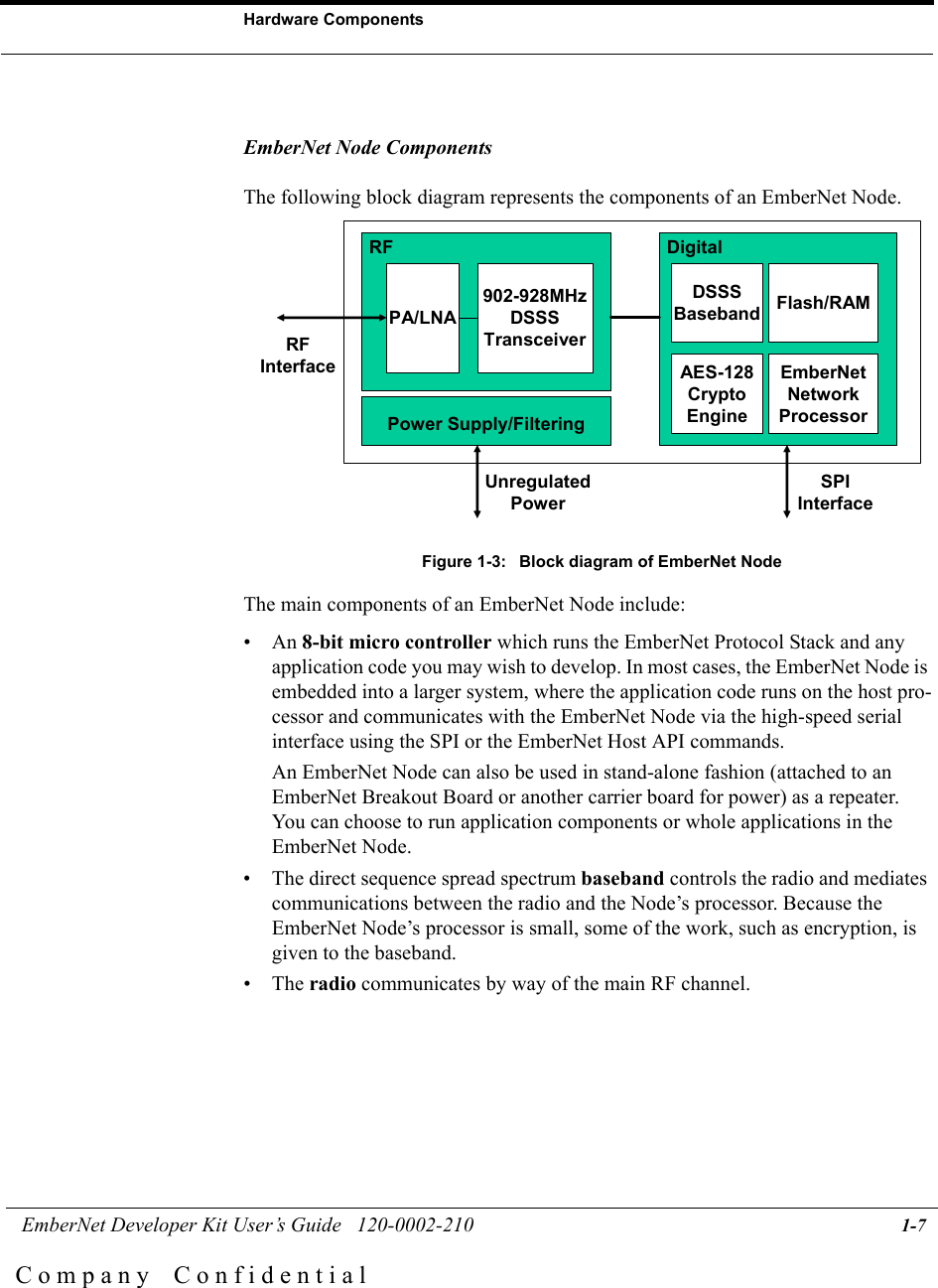  EmberNet Developer Kit User&rsquo;s Guide   120-0002-210 1-7Hardware ComponentsC o m p a n y    C o n f i d e n t i a lEmberNet Node ComponentsThe following block diagram represents the components of an EmberNet Node. Figure 1-3:  Block diagram of EmberNet NodeThe main components of an EmberNet Node include:&bull;An 8-bit micro controller which runs the EmberNet Protocol Stack and any application code you may wish to develop. In most cases, the EmberNet Node is embedded into a larger system, where the application code runs on the host pro-cessor and communicates with the EmberNet Node via the high-speed serial interface using the SPI or the EmberNet Host API commands. An EmberNet Node can also be used in stand-alone fashion (attached to an EmberNet Breakout Board or another carrier board for power) as a repeater. You can choose to run application components or whole applications in the EmberNet Node. &bull; The direct sequence spread spectrum baseband controls the radio and mediates communications between the radio and the Node&rsquo;s processor. Because the EmberNet Node&rsquo;s processor is small, some of the work, such as encryption, is given to the baseband.&bull; The radio communicates by way of the main RF channel.PA/LNA902-928MHzDSSSTransceiverDSSSBasebandAES-128CryptoEngineEmberNetNetworkProcessorFlash/RAMRF DigitalRFInterfaceSPIInterfacePower Supply/FilteringUnregulatedPower