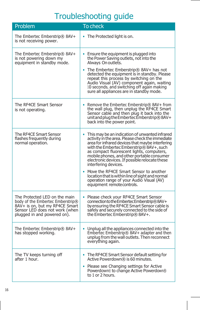    Troubleshooting guide Problem  To check The Embertec Emberstrip® 8AV+ is not receiving power. • The Protected light is on. The Embertec Emberstrip® 8AV+ is not powering down my equipment in standby mode. • Ensure the equipment is plugged into the Power Saving outlets, not into the Always On outlets. • The Embertec Emberstrip® 8AV+ has not detected the equipment is in standby. Please repeat this process by switching on the Audio Visual (AV) component again, waiting 10 seconds, and switching off again making sure all appliances are in standby mode. The RF4CE Smart Sensor is not operating. • Remove the Embertec Emberstrip® 8AV+ from the wall plug, then unplug the RF4CE Smart Sensor cable and then plug it back into the unit and plug the Embertec Emberstrip® 8AV+ back into the power point. The RF4CE Smart Sensor flashes frequently during normal operation. • This may be an indication of unwanted infrared activity in the area. Please check the immediate area for infrared devices that maybe interfering with the Embertec Emberstrip® 8AV+, such as compact fluorescent lights, computers, mobile phones, and other portable consumer electronic devices. If possible relocate these interfering devices. • Move the RF4CE Smart Sensor to another location that is within line of sight and normal operation range of your Audio Visual (AV) equipment remote controls. The Protected LED on the main body of the Embertec Emberstrip® 8AV+ is on, but my RF4CE Smart Sensor LED does not work (when plugged in and powered on). • Please check your RF4CE Smart Sensor connection to the Embertec Emberstrip® 8AV+ by ensuring the RF4CE Smart Sensor cable is safely and securely connected to the side of the Embertec Emberstrip® 8AV+. The Embertec Emberstrip® 8AV+ has stopped working. • Unplug all the appliances connected into the Embertec Emberstrip® 8AV+ adapter and then unplug from the wall outlets. Then reconnect everything again. The TV keeps turning off after 1 hour. • The RF4CE Smart Sensor default setting for Active Powerdown® is 60 minutes. • Please see Changing settings for Active Powerdown® to change Active Powerdown® to 1 or 2 hours. 16 