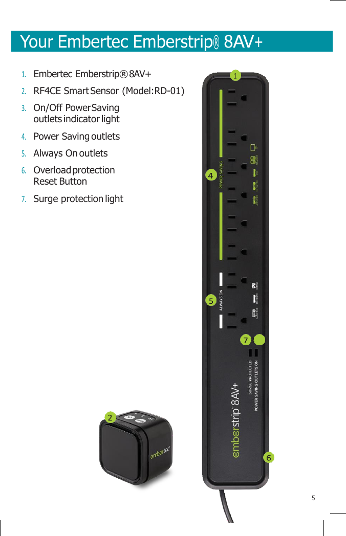       Your Embertec Emberstrip® 8AV+  1. Embertec Emberstrip® 8AV+ 2. RF4CE Smart Sensor (Model:RD-01) 3. On/Off Power Saving outlets indicator light 4. Power Saving outlets 5. Always On outlets 6. Overload protection Reset Button 7. Surge protection light                 5       